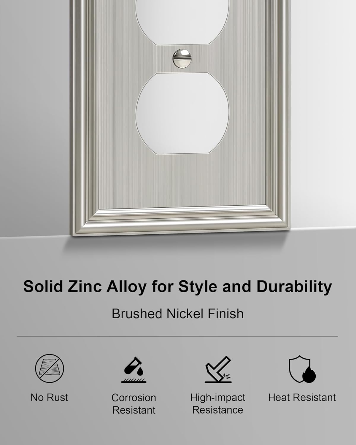 2-Pack Single Duplex Outlet Cover Plate, Decorative Brushed Nickel Switch Plates and Outlet Covers, Metal Wall Plates for Electrical Outlets, 1 Gang Receptacle Cover, Corrosion Resistant