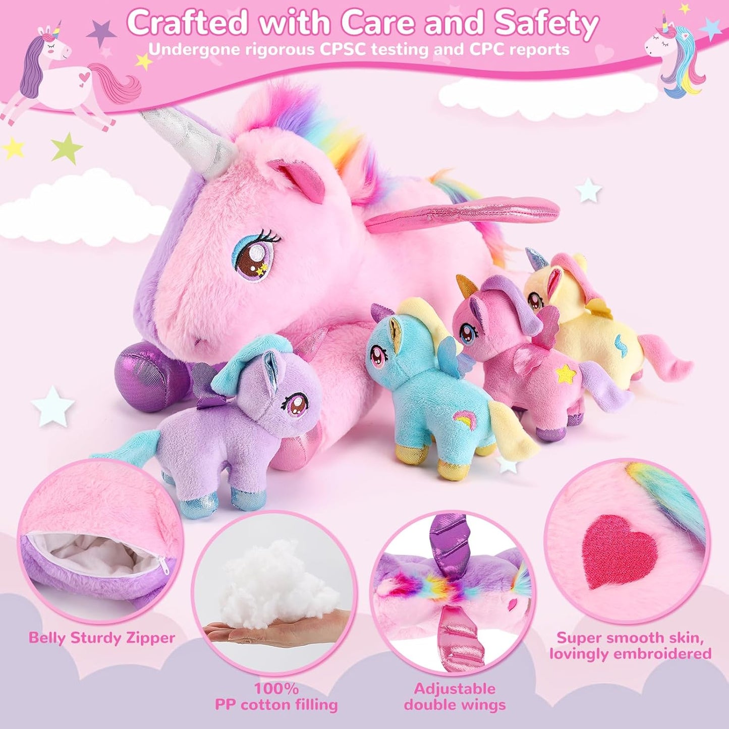 5 Pieces Unicorn Stuffed Animals - 1 Mommy Stuffed Unicorn with 4 Babies - Unicorns Gifts for Girls Ages 3-8, Unicorns Plush Toys for Christmas, Valentine's, Birthday Gifts (Pink & Purple)
