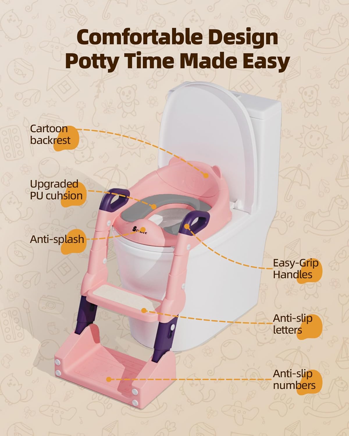 3-in-1 Potty Training Toilet, Toddler Toilet Seat with Step Stool, Foldable Potty Ladder with Potty Chart, PU Cushion, Splash Guard, Anti-Slip Steps & Urinal for Girls & Boys, Pink