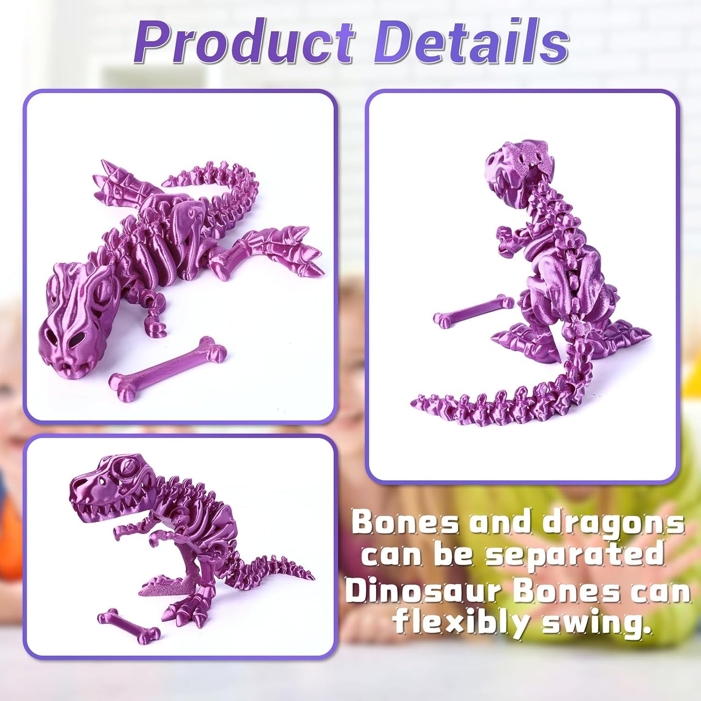 3D Printed Dinosaur Bones Tyrannosaurus Rex Skeleton with Movable Joints, 3D Model Skull T-Rex, Flexible Articulated Dinosaur Fidget Toys Adults for Autism/ADHD