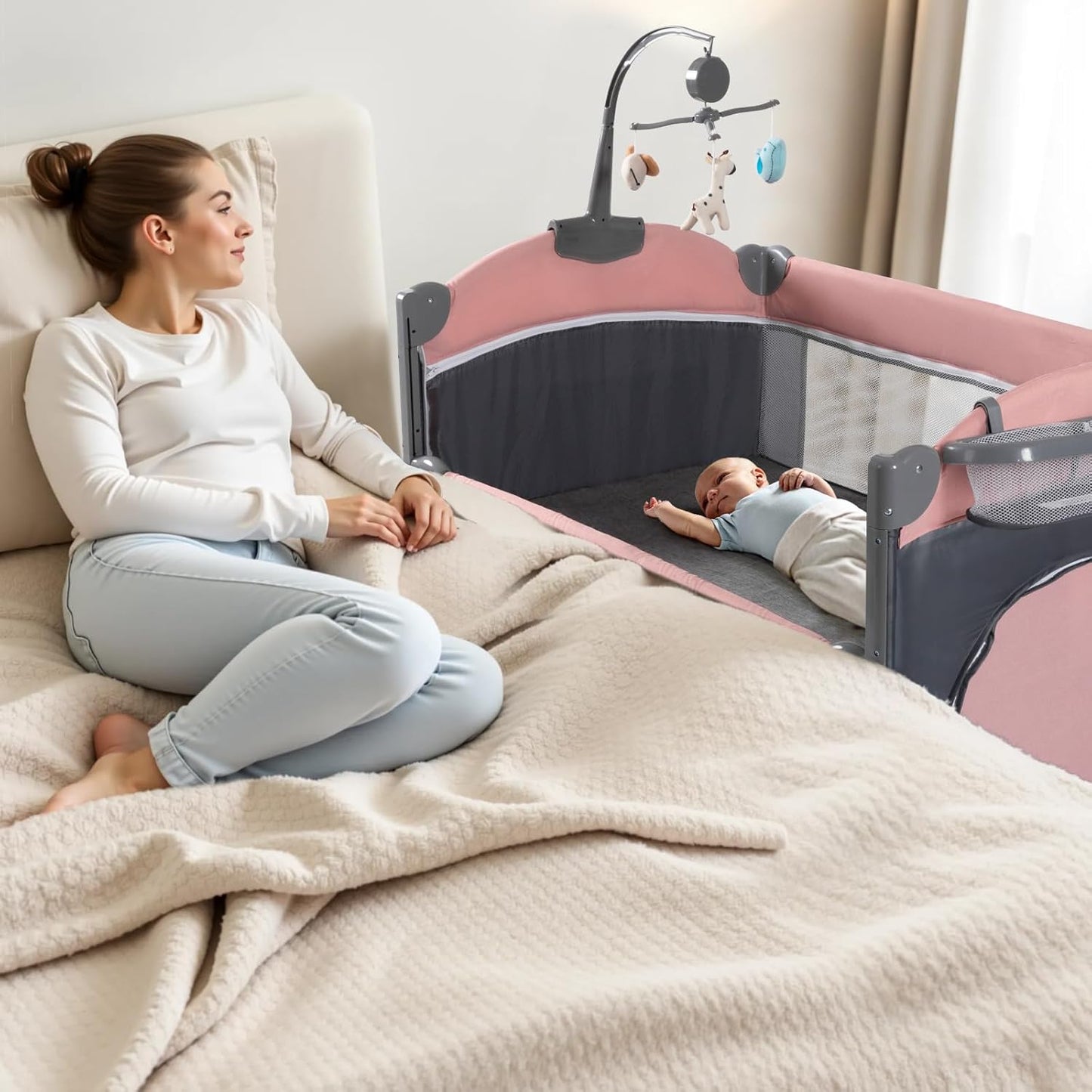 5 in 1 Baby Crib,Baby Bassinet, Bedside Cribs, Pack and Play with Changing Table, Portable Travel bedToys & Music Box,Mattress for Girl Boy Infant Newborn (Pink)