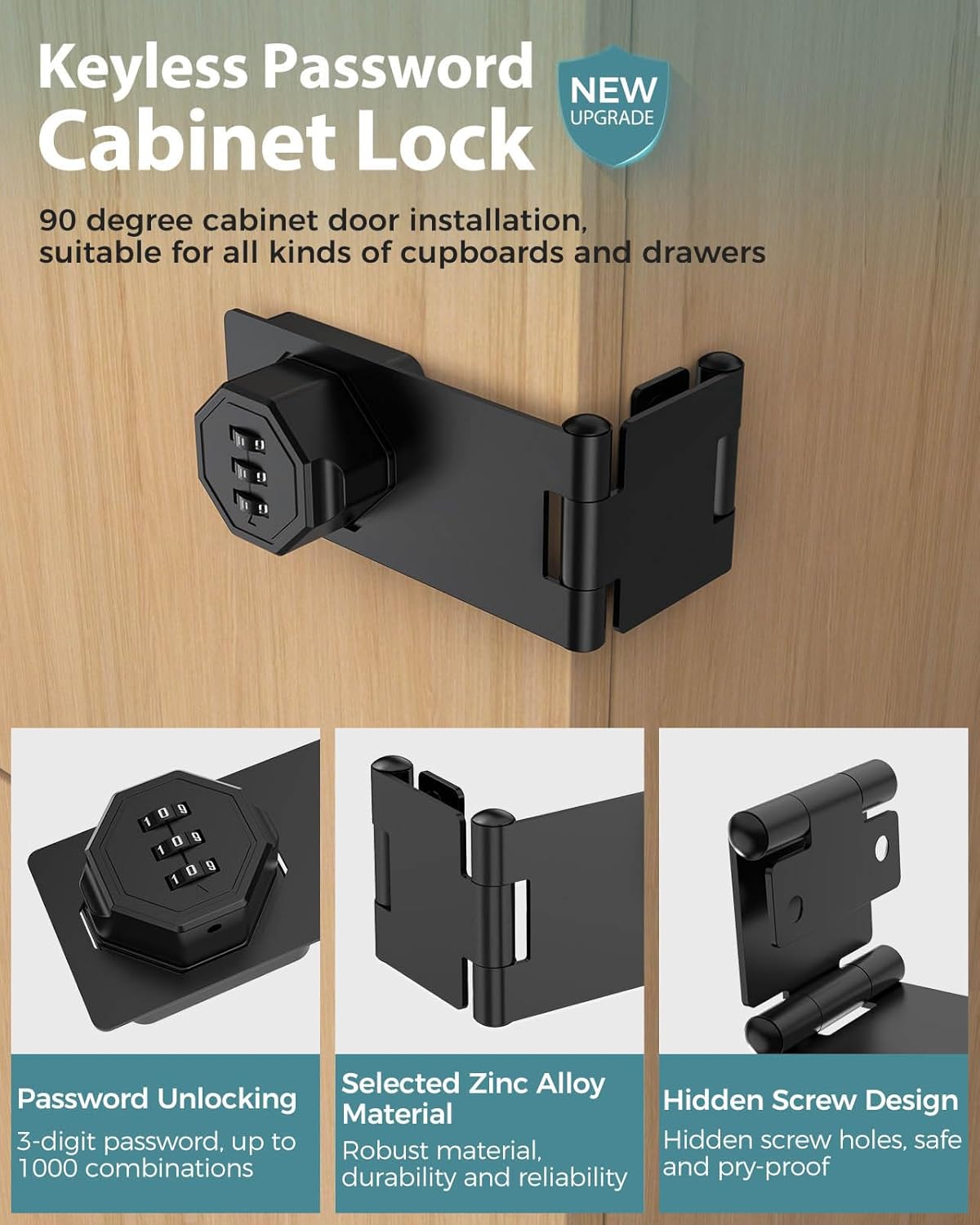90 Degree Cabinet Combination Door Lock Latch, Zinc Alloy Password Rotary Hasp Lock, Keyless Folding Latches for Office File Cabinet, Drawers, Cupboard, Small Doors, Locker (2, Black)
