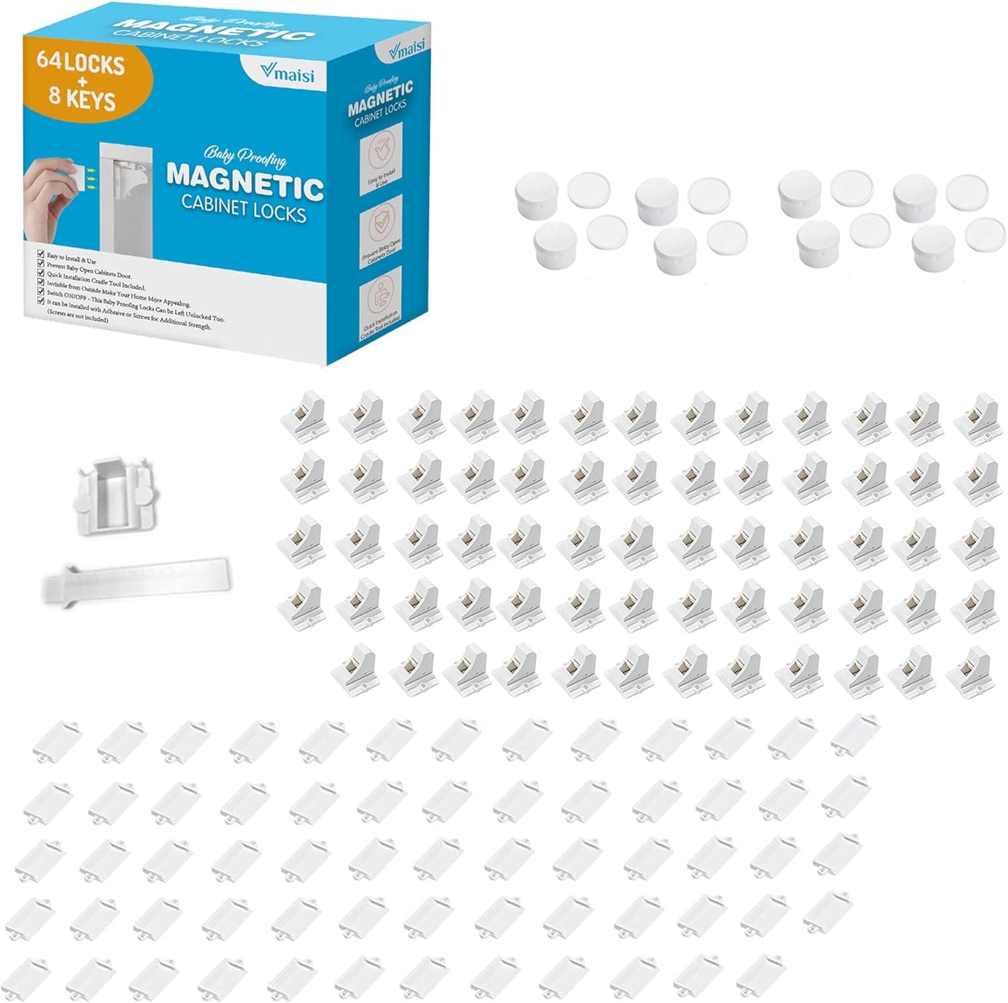 Vmaisi Adhesive Magnetic Locks for Cabinets & Drawers (64 Locks and 8 Keys)