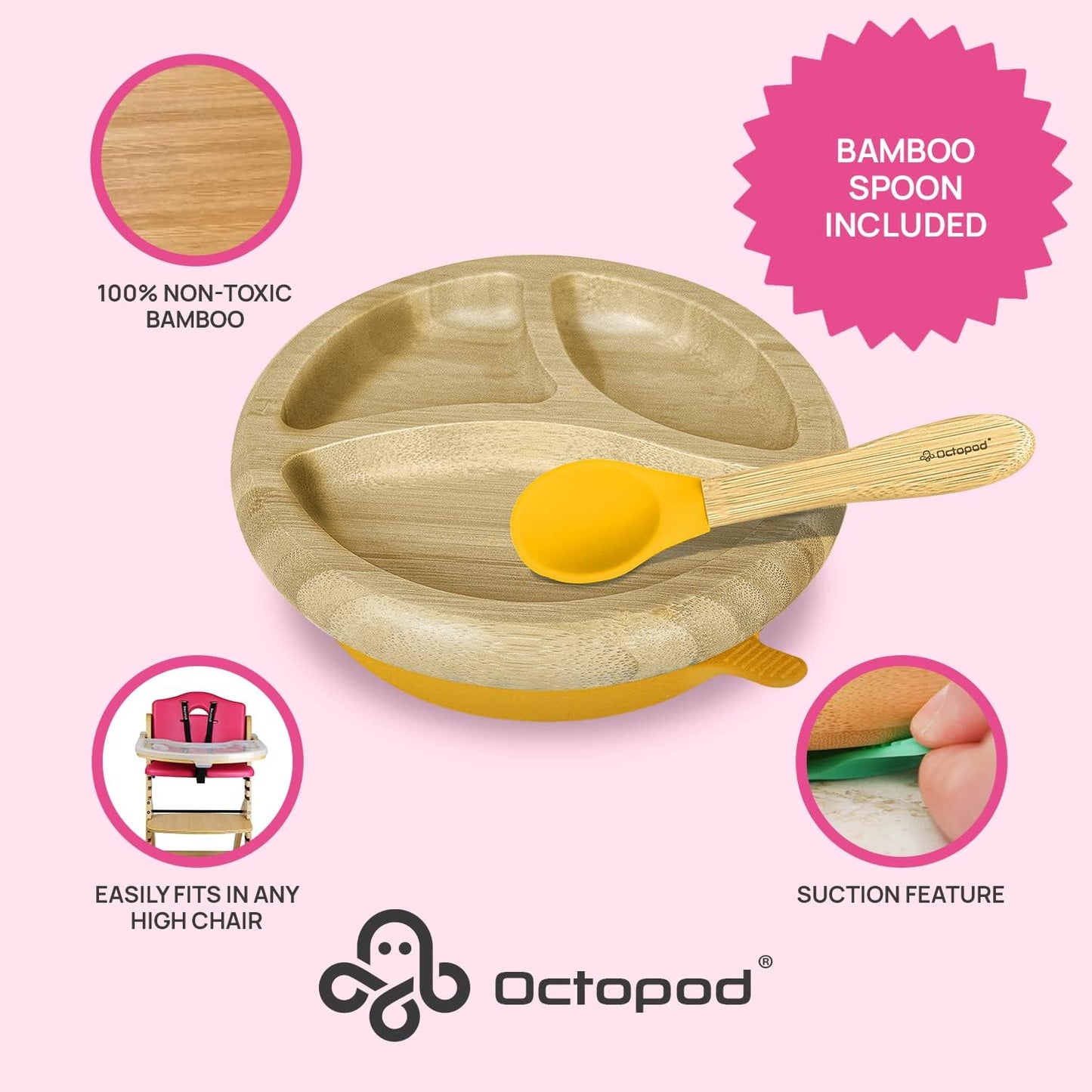 Abiie Octopod Bamboo Dish - Kids Plates for 4 months and up, 3-Compartment Baby Plates with Suction, Round Bamboo Baby Plate, Mess-Free Toddler Suction Plates, Baby Feeding Supplies, 7.5 x 7.5 x 1.9in