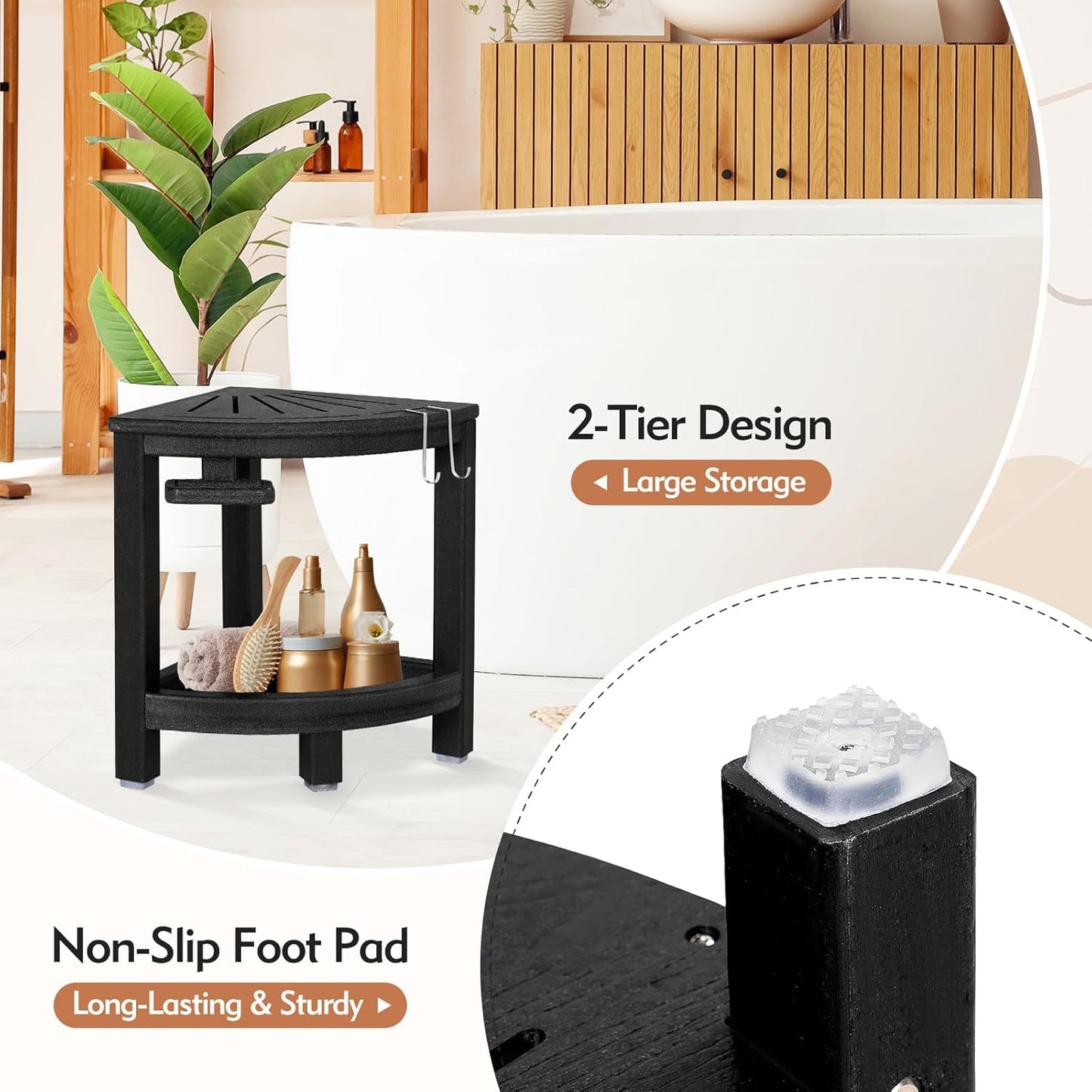 2-Tier Corner Shower Stool with Hooks & Soap Dish, HDPE Shower Bench for Shaving Legs, Wood-Like Shower Stool for Inside Shower with Non-Slip Foot Pads, Waterproof Shower Foot Rest (Black)