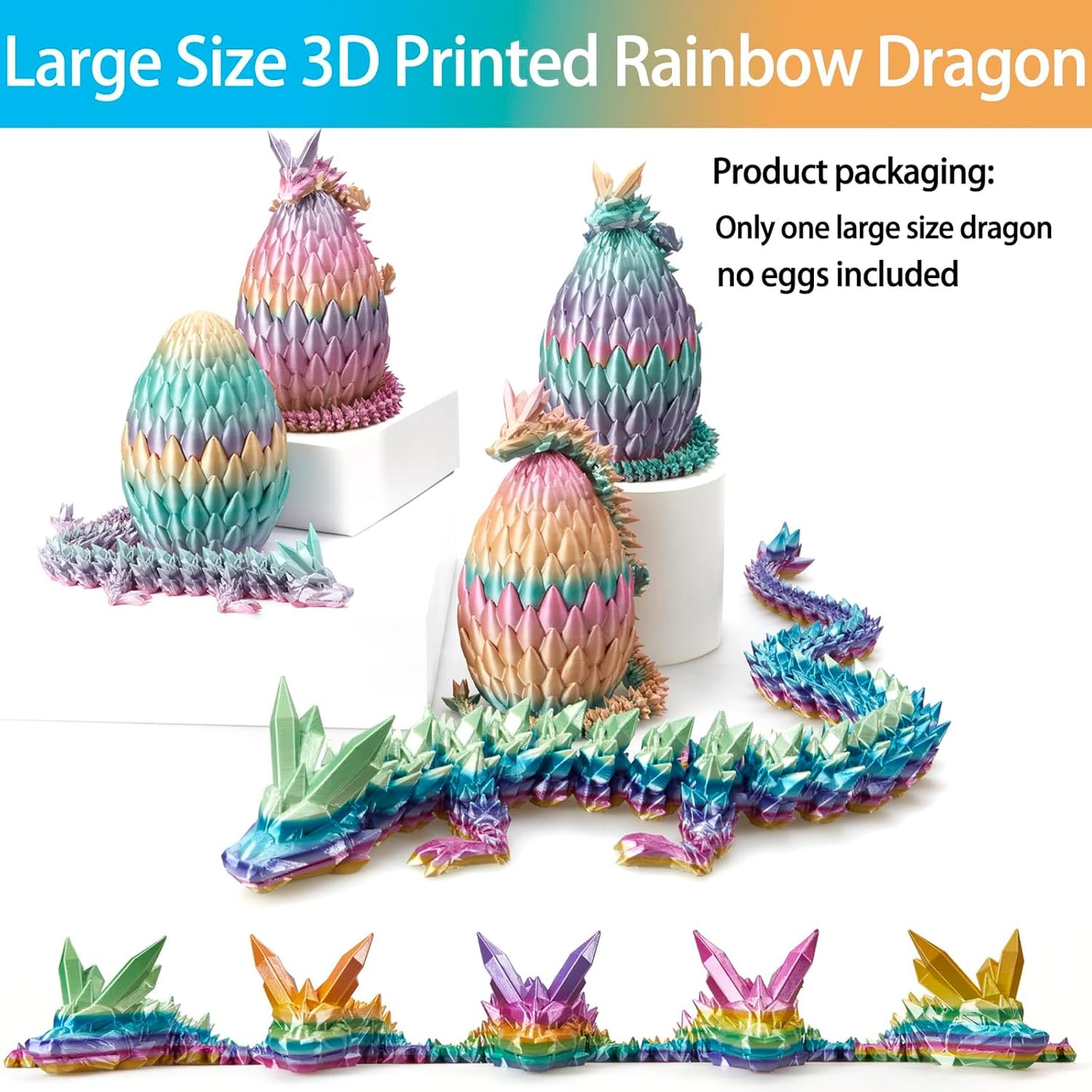 3D Printed Dragon, 3D Dragon ,30 Inch 3D Printed Fidget Dragon, Bigger Fidget Crystal Dragon Toys , 3D Printed Articulated Dragon for Home Office Car Desk Decor Toys (Red Yellow Blue) (Rainbow)
