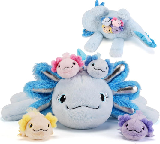 5 Pieces Axolotl Stuffed Animals with Babies Inside Belly - 1 Mommy Stuffed Axolotl with 4 Babies - Blue Axolotls Plush Toy for Kid Age 3-8, Gift Ideal for Christmas, Valentine's, Birthday