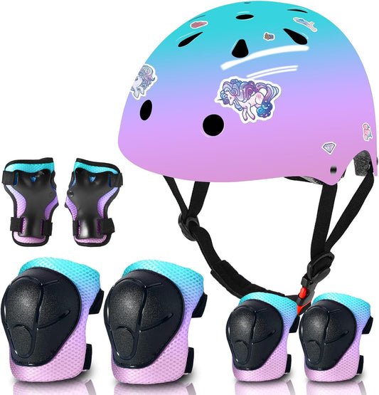 Adjustable Kids Bike Helmet with Knee & Elbow Pads Set, Color Gradient Design for Boys and Girls Aged 3-14+, for Skateboarding, Scooter, Roller & Inline Skating, Longboard