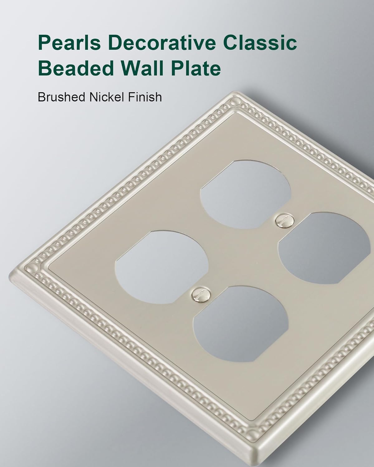 2-Pack Double Duplex Outlet Cover, Brushed Nickel Metal Switch Plates and Outlet Covers, Pearls Decorative Wall Plates for Electrical Outlets, 2 Gang Receptacle Cover, Corrosion Resistant