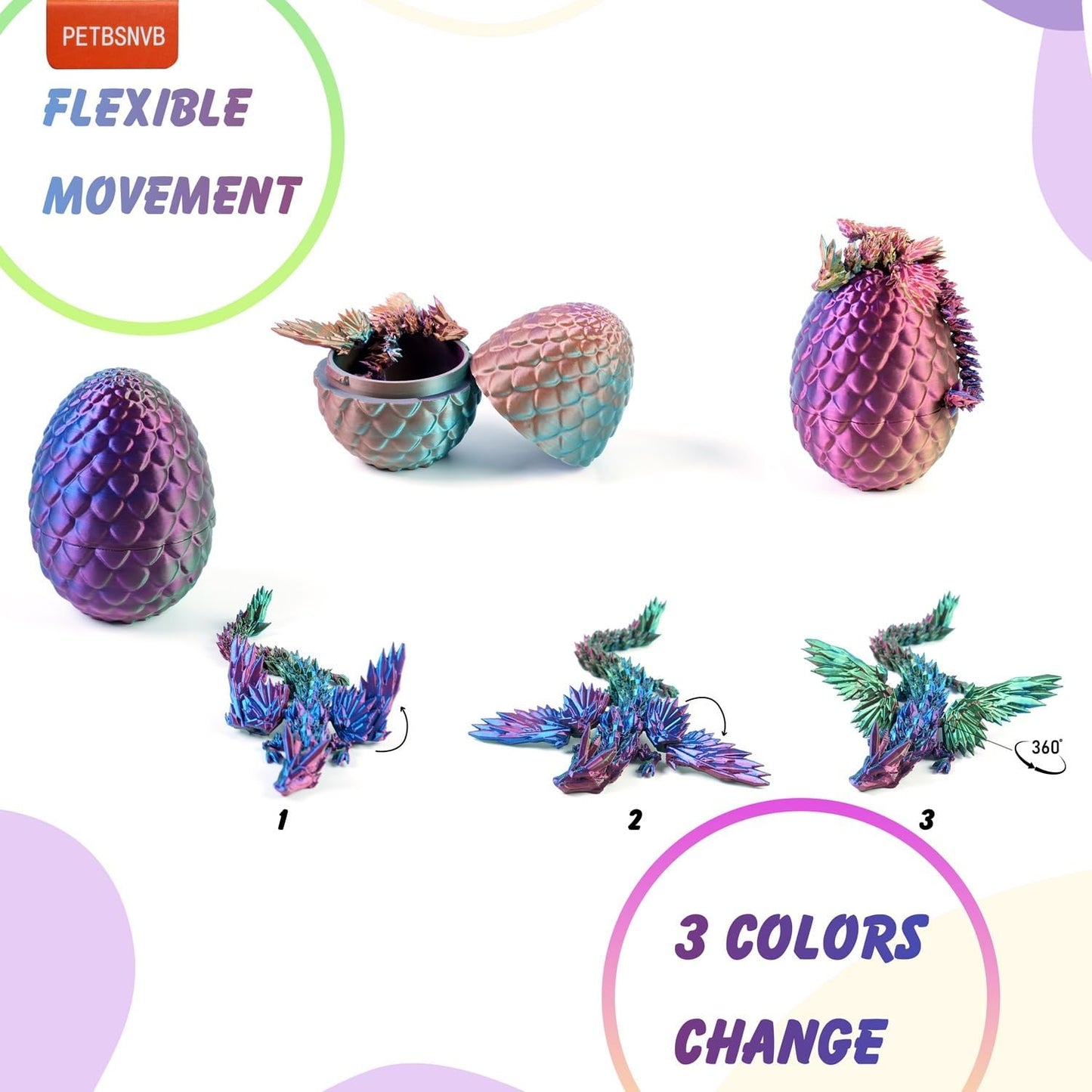 3 Colors 7" 3D Printed Dragon with Wings in Egg, Easter Basket Stuffers, Crystal Dragon Surprise in Eggs, Articulated Dragon, Dragon Fidget Toy, Home Office Decor Executive Desk Toy (Purple)