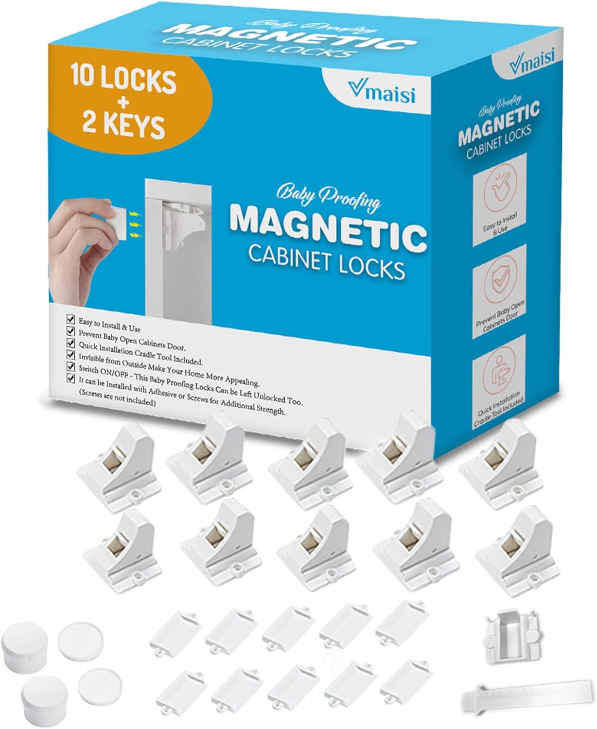 Vmaisi Adhesive Magnetic Locks for Cabinets & Drawers (10 Locks and 2 Keys)