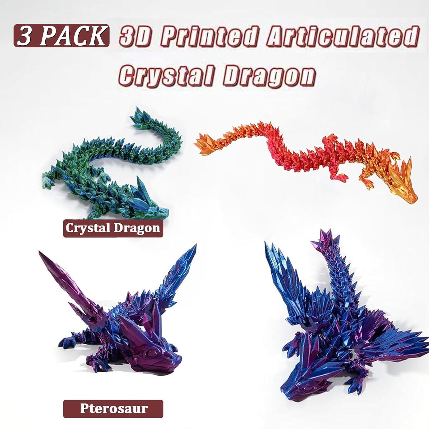 3D Printed Dragon with Wings, 3 Pack Mystery Dragon Fidget Toy, Mythical Pieces Articulated Luminous Dragon, Home Office Decor Executive Desk Toys