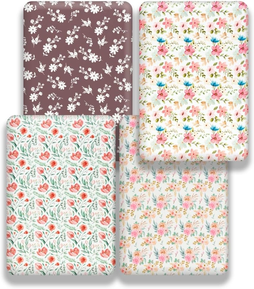 4 Pack Baby Girl Crib Sheets Set Soft Fitted Floral or Elephant Theme Baby Girl Mattress Covers Breathable Toddler Bed Sheets for Infant or Newborn Girls (Flower, Crib Sheets)
