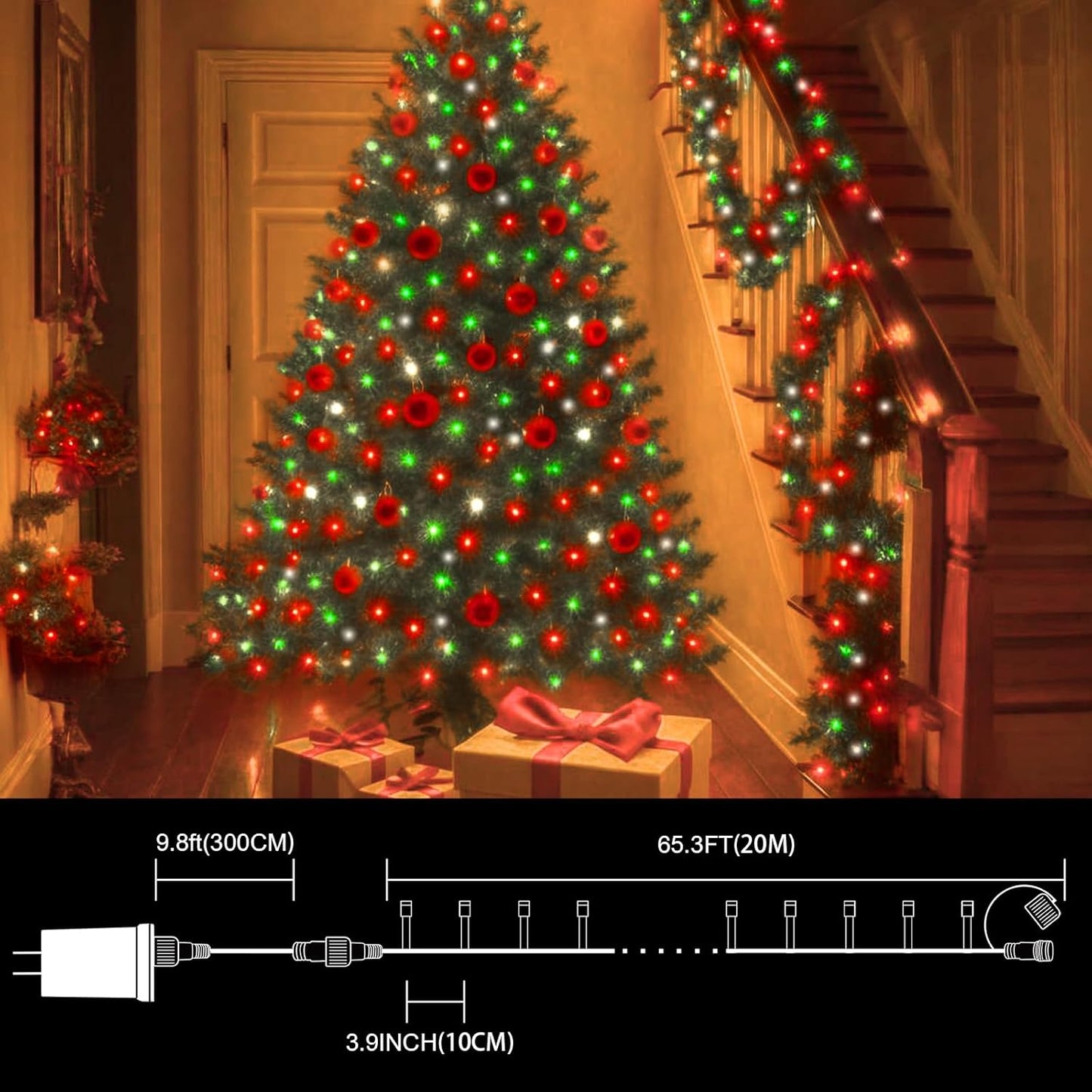 66ft Christmas Decorative Mini Lights, 200 LED Green Wire Fairy Starry String Lights Plug in, 16 Lighting Modes for Outdoor Xmas Tree Wedding Party Decoration (Red Green White)