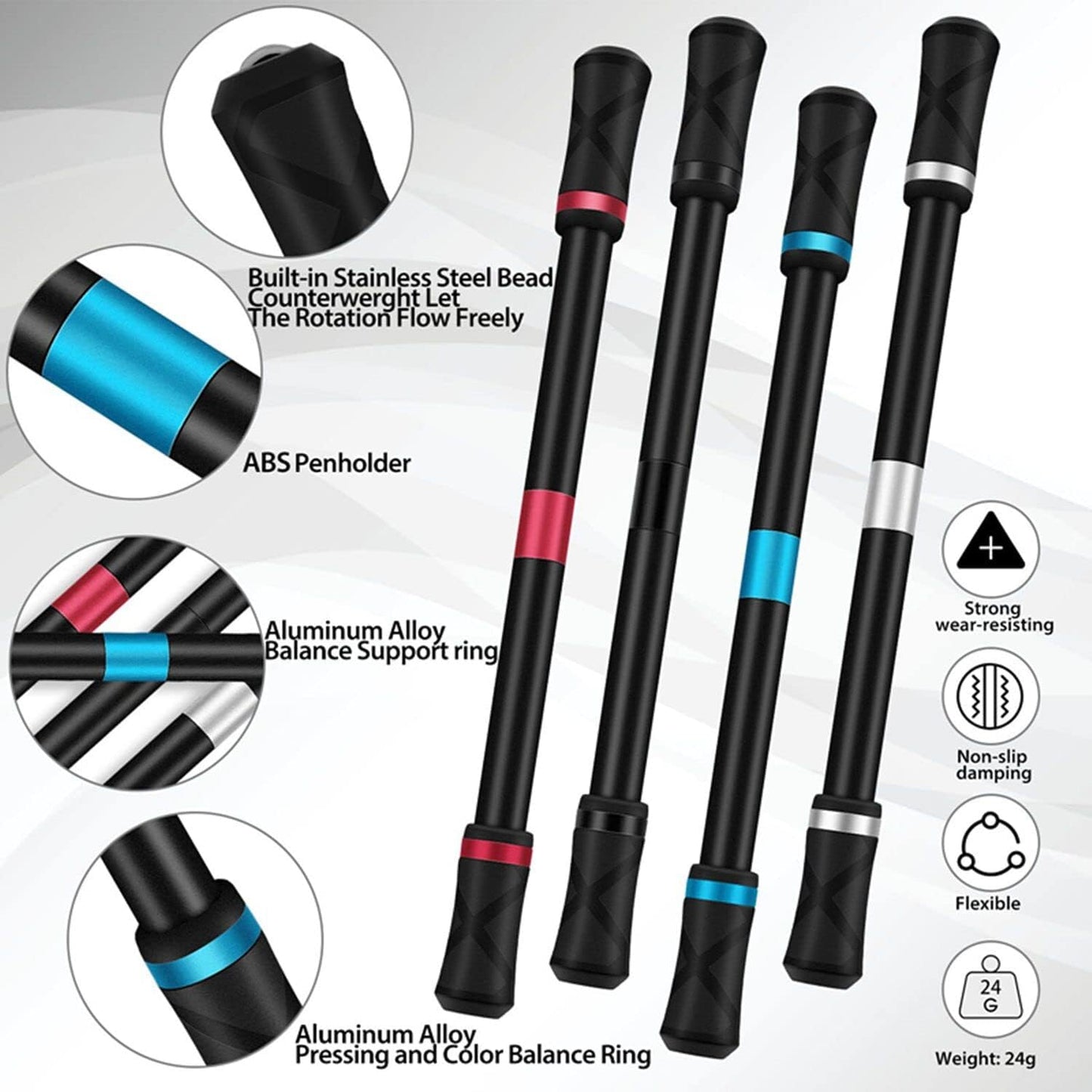 4 Pieces Pen Spinning Spinner Pen Gaming Pen Spinning Mod Gaming Spinning Pens Flying Spinning Pen Finger Rotating Pen for Kids Adults Office Supplies with Instruction Manual (Silver，Black, Red, Blue）