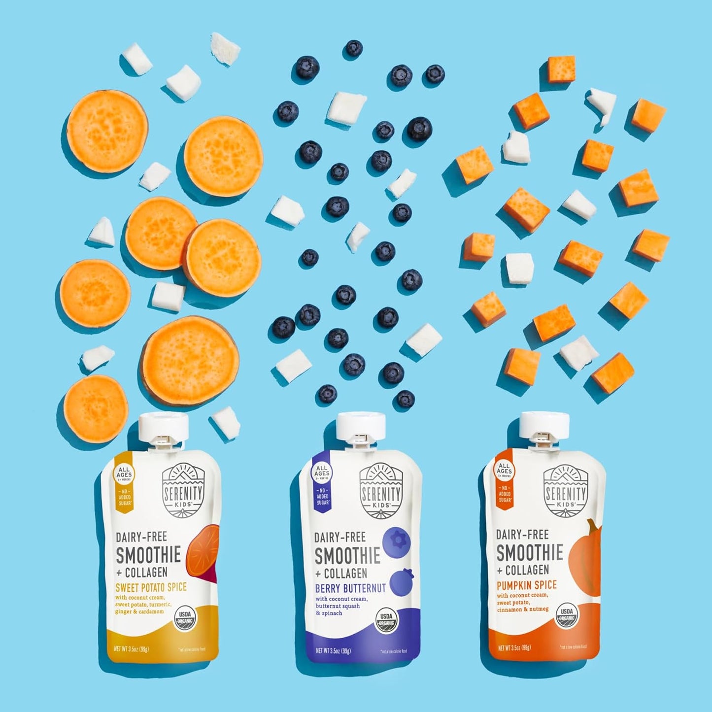 Serenity Kids 6+ Months Dairy-Free Smoothie Baby Food - USDA Organic Grass-Fed Collagen Protein - 3.5 Oz BPA-Free Pouches - Variety Pack (8 Count) - Baby Smoothie Pouch Set