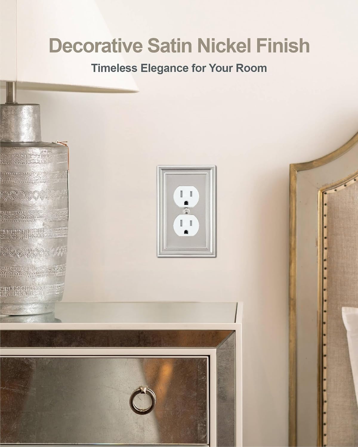4-Pack Duplex Wall Plate, Satin Nickel Outlet Cover for Electrical Outlet, Receptacle, Decorative Switch Plates, Durable Metal, Midsize