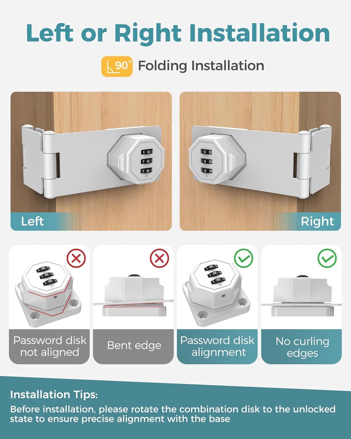 90 Degree Cabinet Combination Door Lock Latch, Zinc Alloy Password Rotary Hasp Lock, Keyless Folding Latches for Office File Cabinet, Drawers, Cupboard, Small Doors, Locker (1, White)