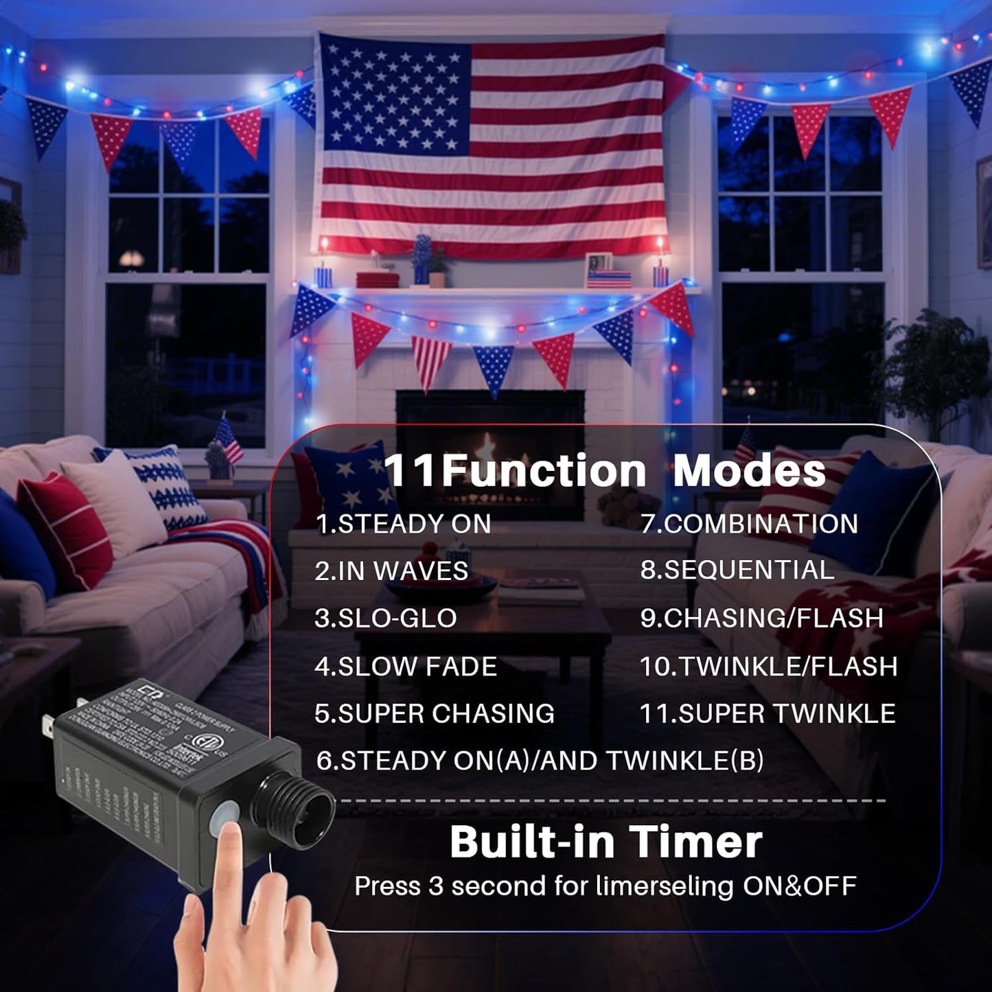 33ft Patriotic String Lights - Red White Blue Mini Lights, 100 LED Green Wire Fairy Starry String Lights Plug in, 11 Modes for Independence Day Celebration Party Memorial Day Decor