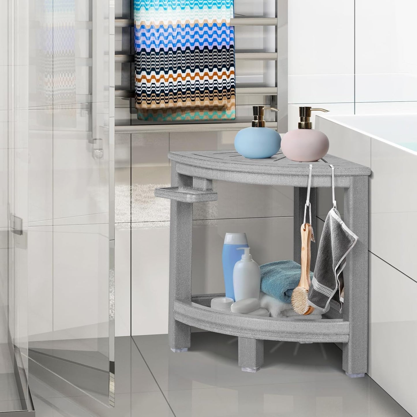 2-Tier Corner Shower Stool with Hooks & Soap Dish, HDPE Shower Bench for Shaving Legs, Wood-Like Shower Stool for Inside Shower with Non-Slip Foot Pads, Waterproof Shower Foot Rest (Grey)