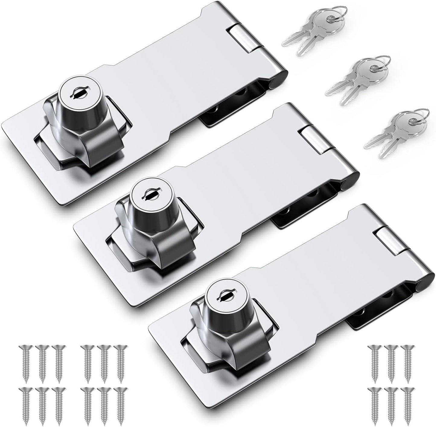 4 Inch Keyed Hasp Lock for Cabinets & Small Doors, Twist Knob Design, Heavy Duty Zinc Alloy with Chrome-Plated Iron, Includes Keys & Screws - Silver, 3 Pack