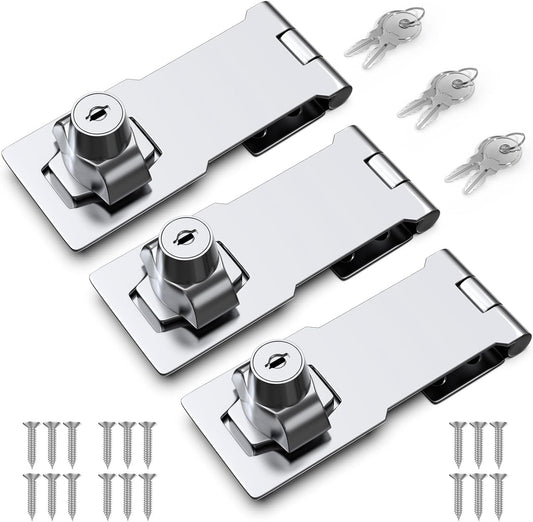 4 Inch Keyed Hasp Lock for Cabinets & Small Doors, Twist Knob Design, Heavy Duty Zinc Alloy with Chrome-Plated Iron, Includes Keys & Screws - Silver, 3 Pack