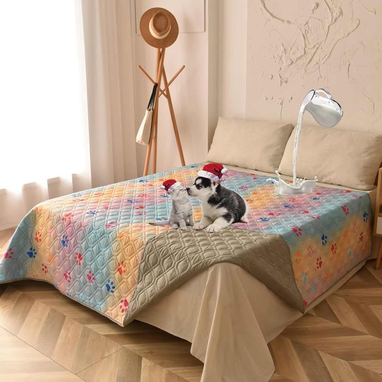 100% Waterproof Dog Bed Cover 102x82 in Reversible Changing Pad Reusable Camping Mat for Kids/Pet/Dog/Cat Washable Geometric Embroidery Blanket Patchwork Rainbow Dog Paw Printed+Gray