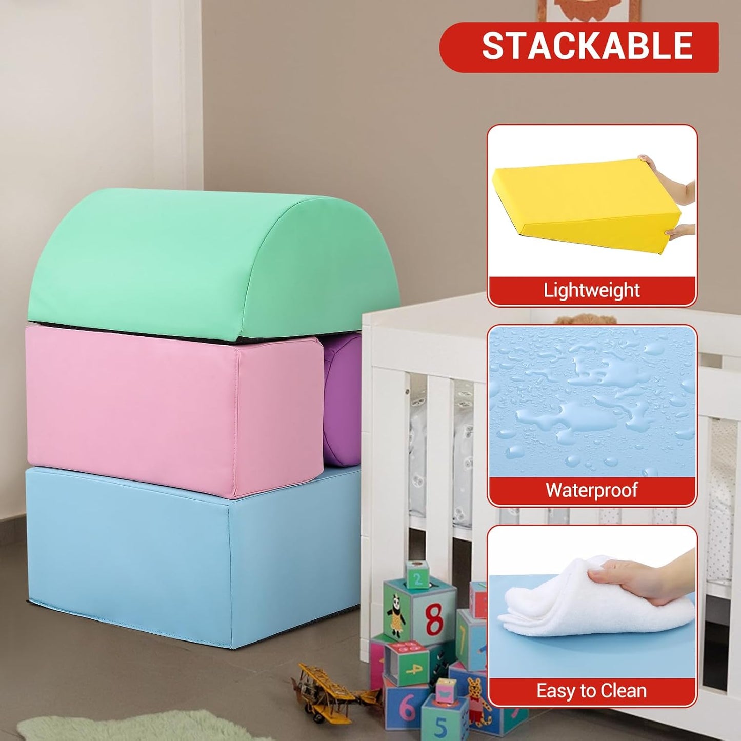 6-Piece Soft Toddlers Climbing Toys, Baby Foam Climbing Blocks for Babies Toddlers, Waterproof Foam Play Gym Climber Structures for Toddler 3, Indoor Climb and Crawl Activity Play Set (Suede Fabric)