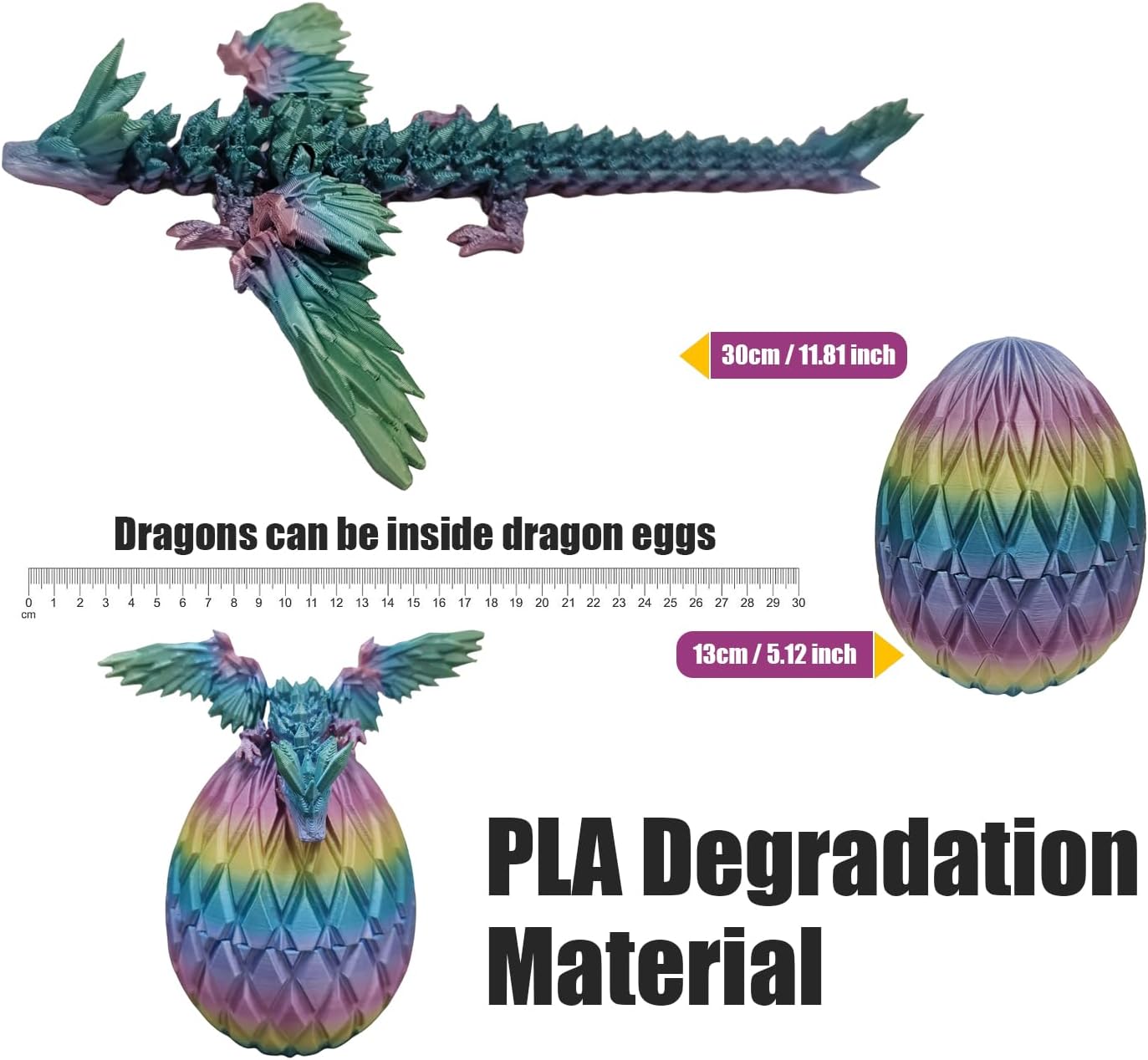 3D Printed Dragon Eggs with Dragon Inside Fidget Toys for Adults, 3D Printed Articulated Dragon, Home Office Decor Executive Desk Toys Posable Flexible Crystal Dragon Toy(Rainbow)