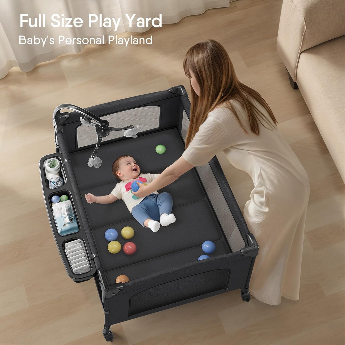 4 in 1 Baby Bassinet, Pack and Play, Bedside Crib Sleeper, Diaper Changer, Quickly Assembled and Folded Portable Crib with Mattress and Mosquito Net, Easy to Carry