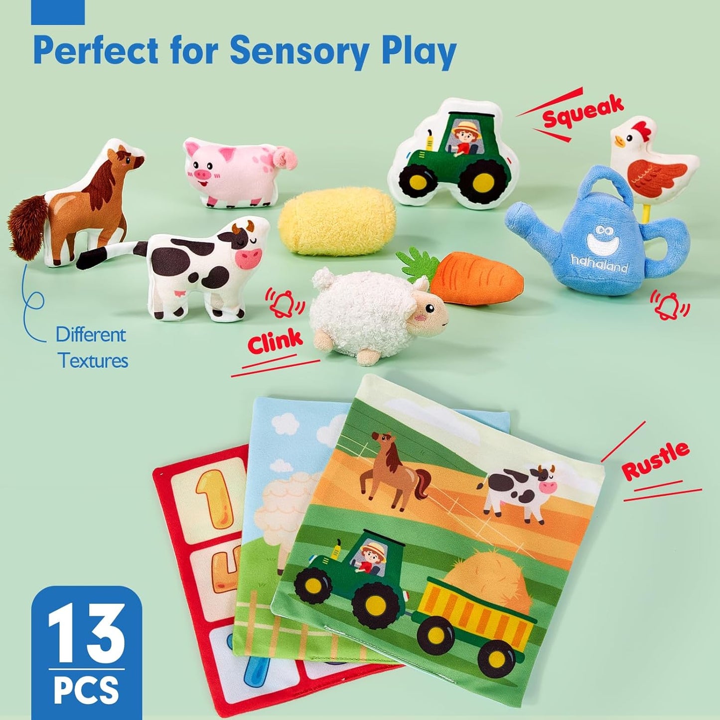 hahaland Baby Seek and Find Sensory Farm Animals Plush - 13 PCS Whats Inside Box with Rattle, Crinkle, Squeaker, Mirror, Texture, 9 Month Old Baby Toys 6-12-18 Months, Montessori Toys for 1 Year Old