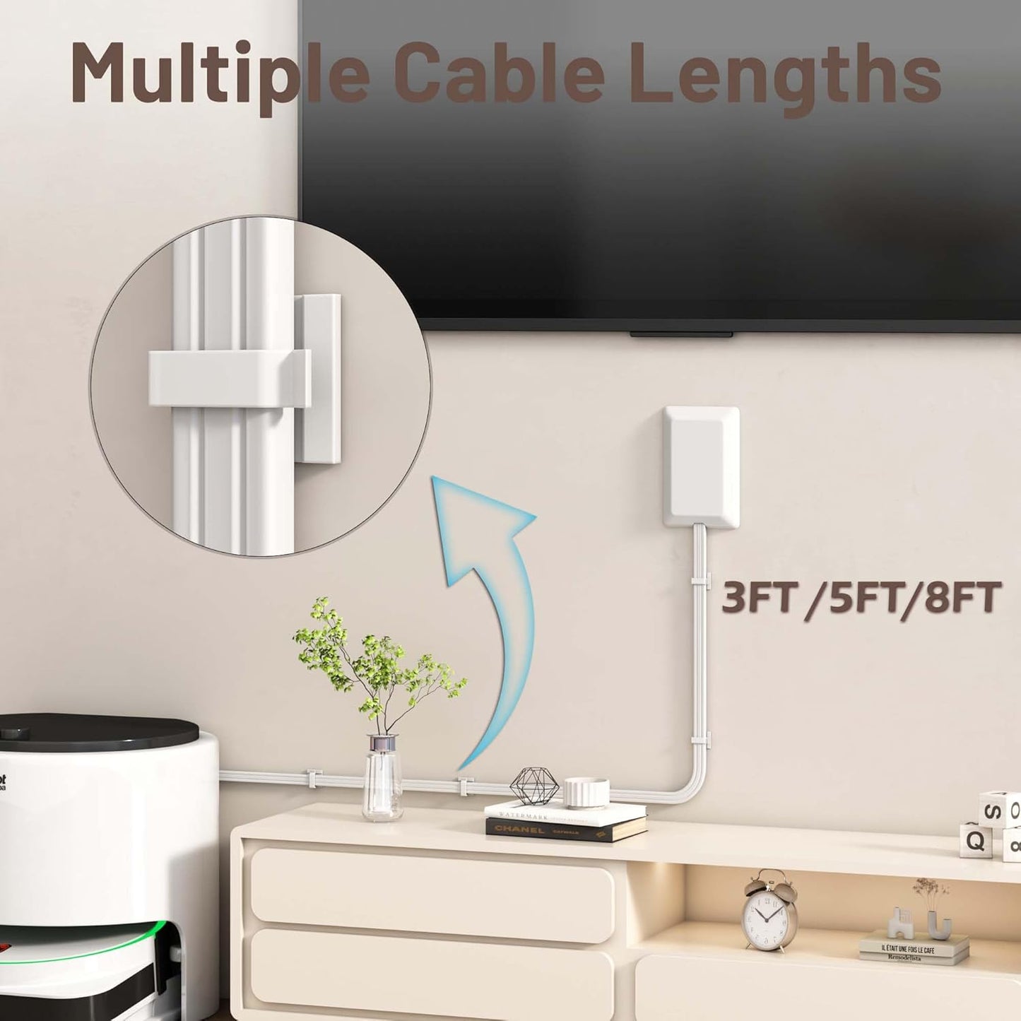 5FT Flat Extension Cord Ultra Thin Outlet Concealer with Cord Concealer Kit,Flat Outlet Extender with 3 Outlet Power Strip,Universal Size Flat Plug Power Strip for Home,ETL Listed,White