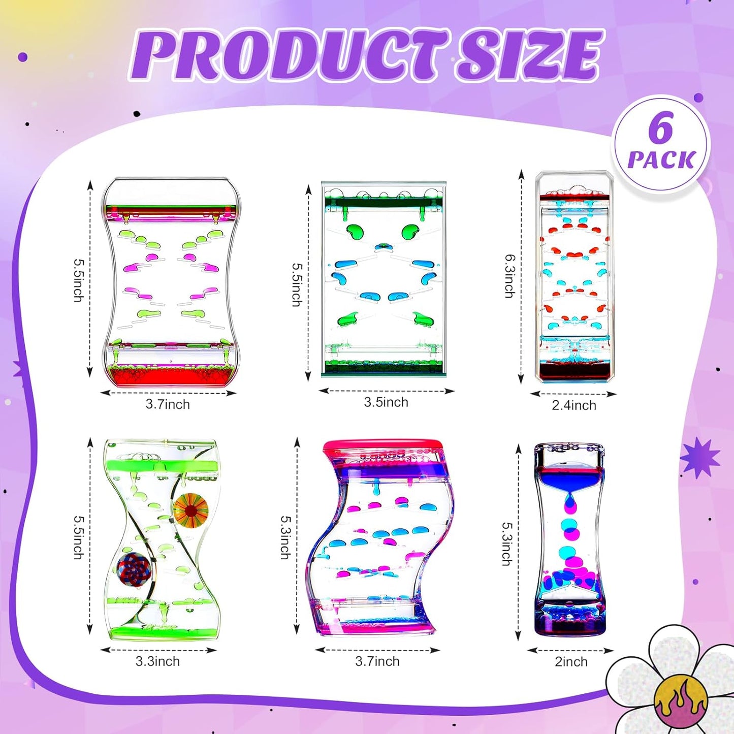 6 Pack Liquid Motion Bubbler Liquid Bubble Sensory Toys Colorful Oil Hourglass Fidget Toy Sensory Bottles Calming Toys Handheld Water Game for Boy Girl Autism ADHD Adults (Cute)