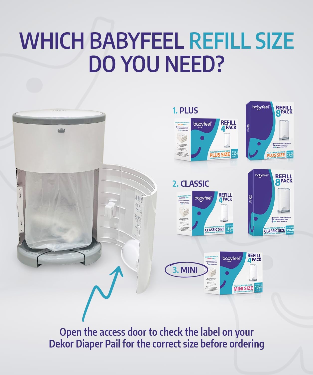 Babyfeel Refills Compatible with DEKOR MINI Diaper Pails | 4 Pack | Exclusive 20% Extra Thickness | Diaper Pail Refills with Powerful Odor Elimination | Powder Scent | Holds up to 1320 Diapers