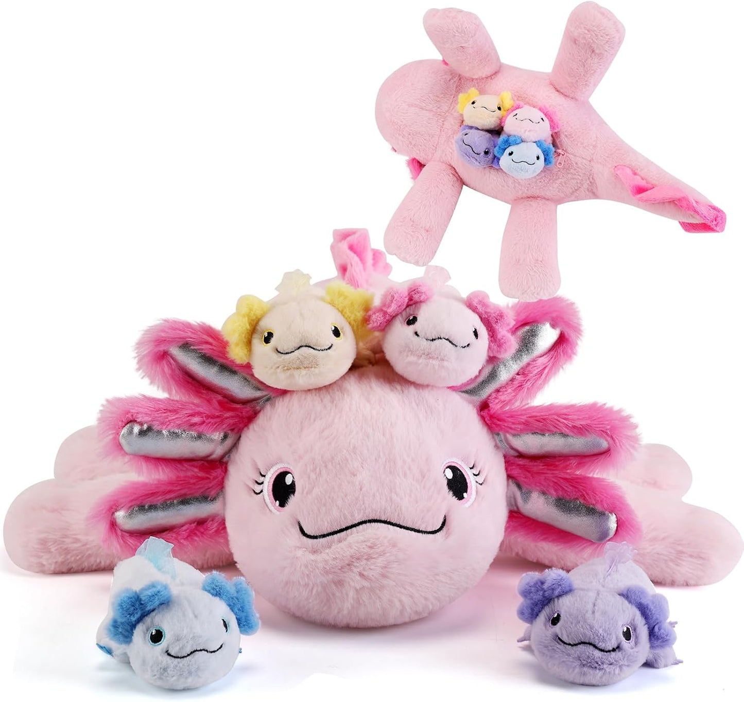 5 Pieces Axolotl Stuffed Animals with Babies Inside Belly - 1 Mommy Stuffed Axolotl with 4 Babies - Pink Axolotls Plush Toy for Kid Age 3-8, Gift Ideal for Christmas, Valentine's, Birthday