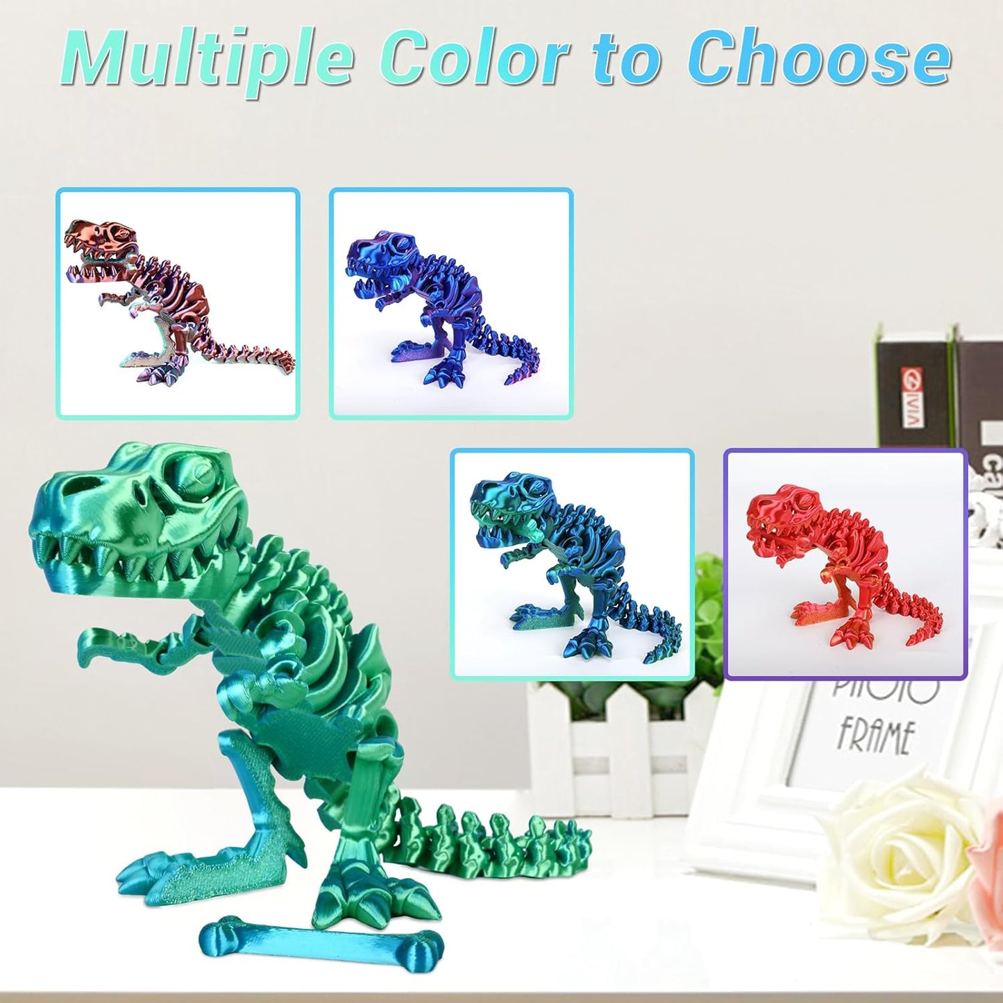3D Printed Dinosaur Bone Skeleton Tyrannosaurus Rex with Movable Jaw Fidget Dinosaur Toys Full Articulated Dinosaur Executive Desk Toys Home Office Decor, Cyan