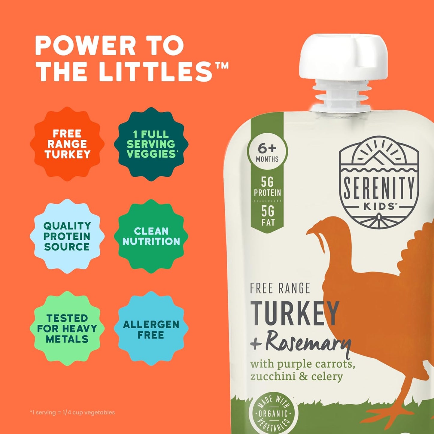 Serenity Kids 6+ Months Baby Food Pouches Puree - Free Range Turkey & Organic Rosemary Blend With Purple Carrot & Zucchini - No Added Sugar & BPA-Free Pouches - 3.5 Oz, 12 Pack