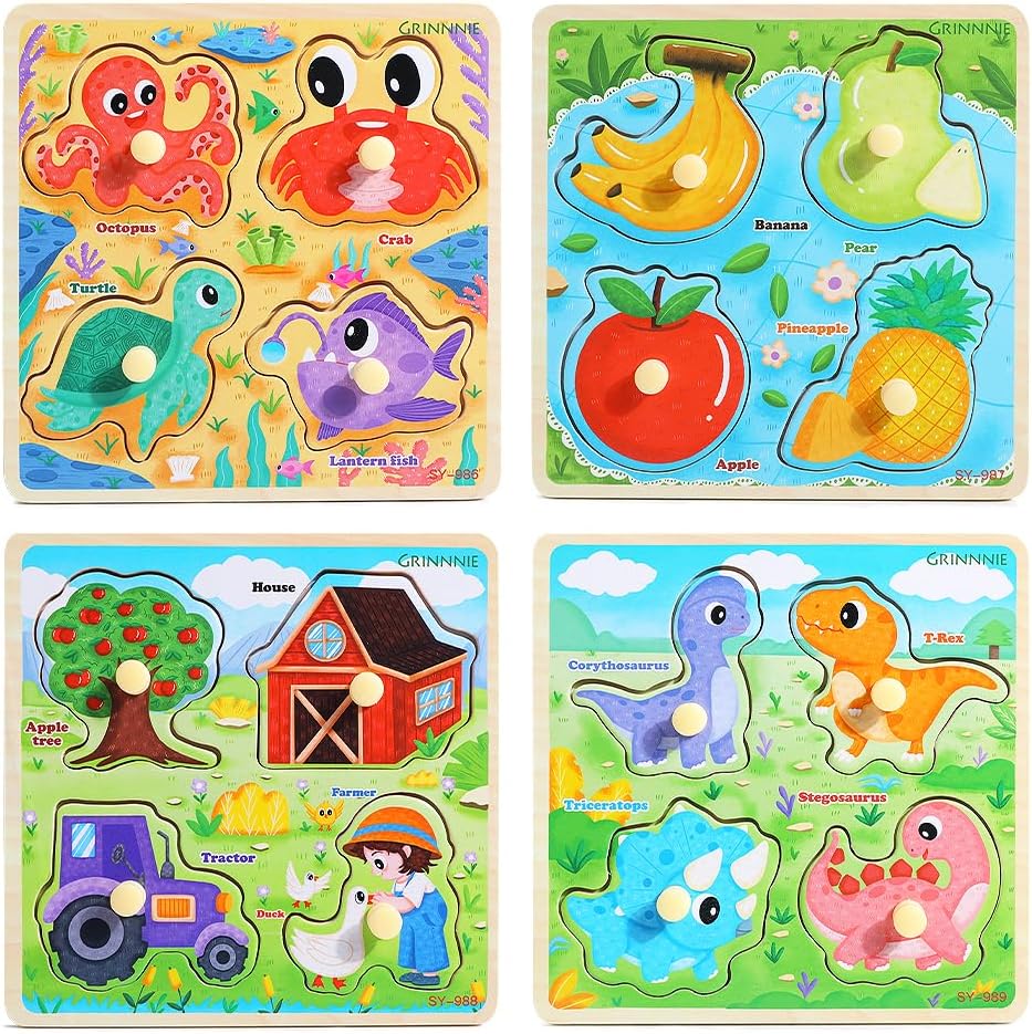 GRINNNIE Wooden Toddler Puzzles, 1 2 3 Years Old Learning Montessori Peg Puzzle Toy Set for Toddlers, 4 Pcs Educational Portable Size Travel Knob Puzzle Toys, Gift for 1-3 Boy Girl Birthday Christmas