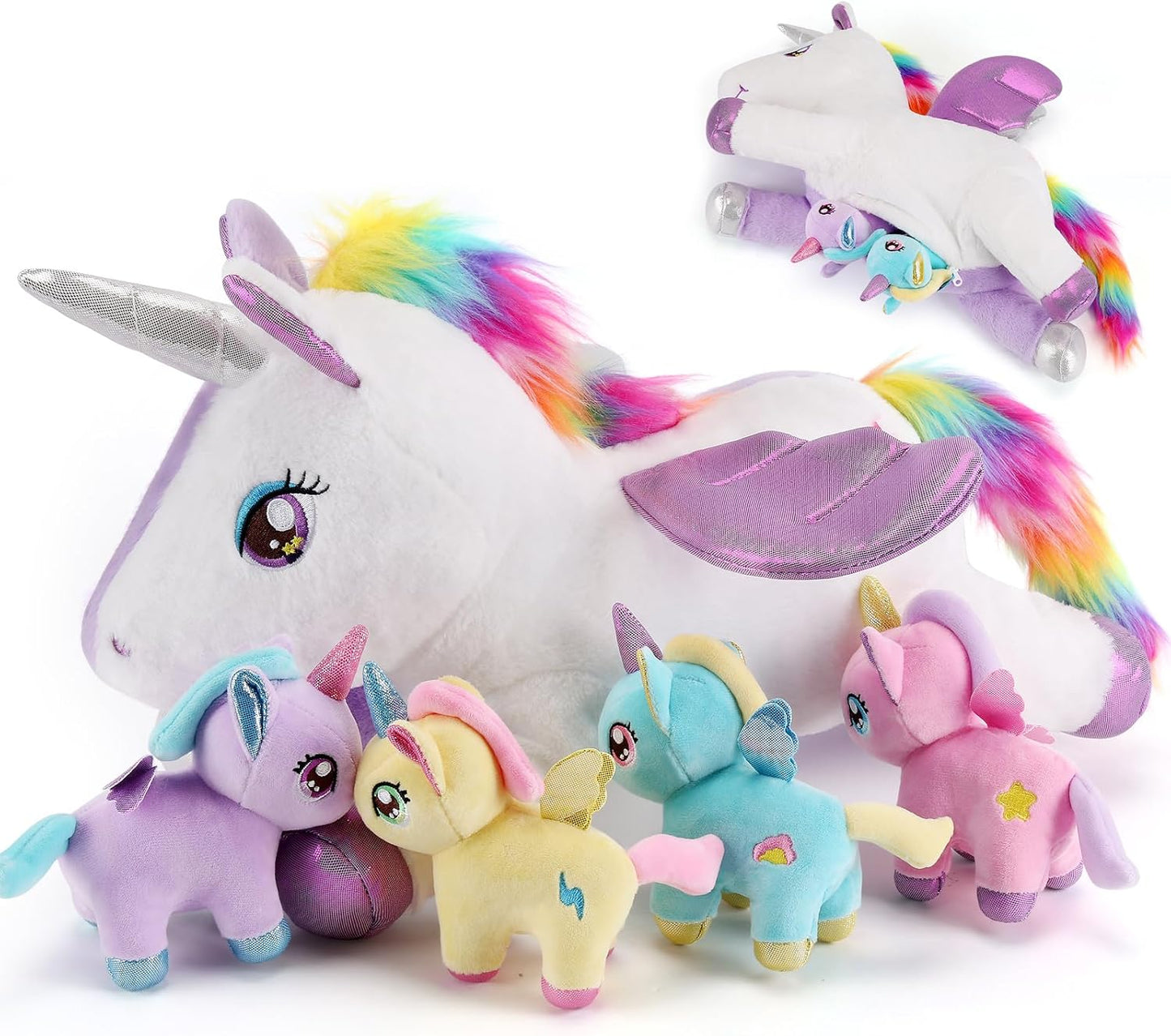 5 Pieces Unicorn Stuffed Animals - 1 Mommy Stuffed Unicorn with 4 Babies - Unicorns Gifts for Girls Ages 3 4 5 6 7 8, Unicorns Plush Toys for Christmas, Valentine's, Birthday Gifts (Purple)