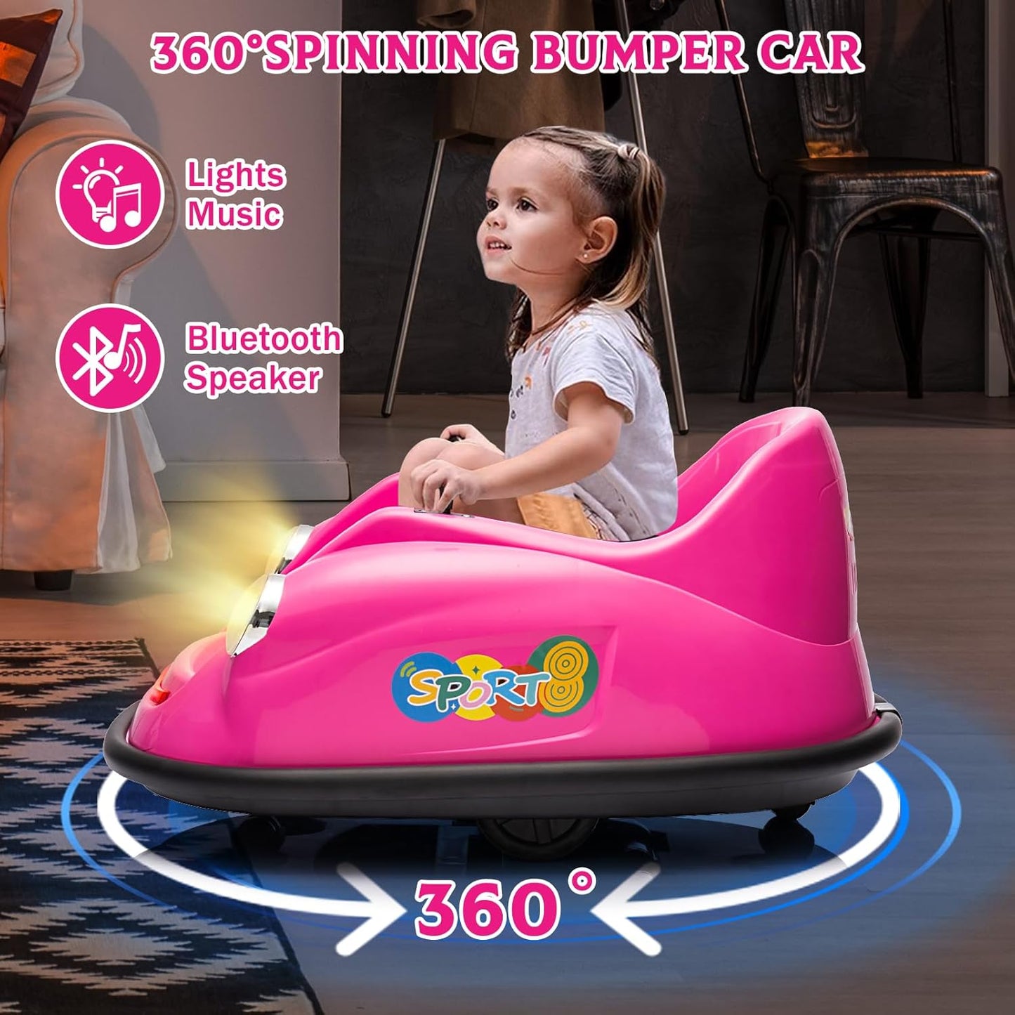 12V Bumper Car for Toddlers, Electric Toy Ride on Battery Car with Kids W/Parent Remote Control, 2-Speed, 360 Degree Spin, Music & LED Lights for Kids, Pink
