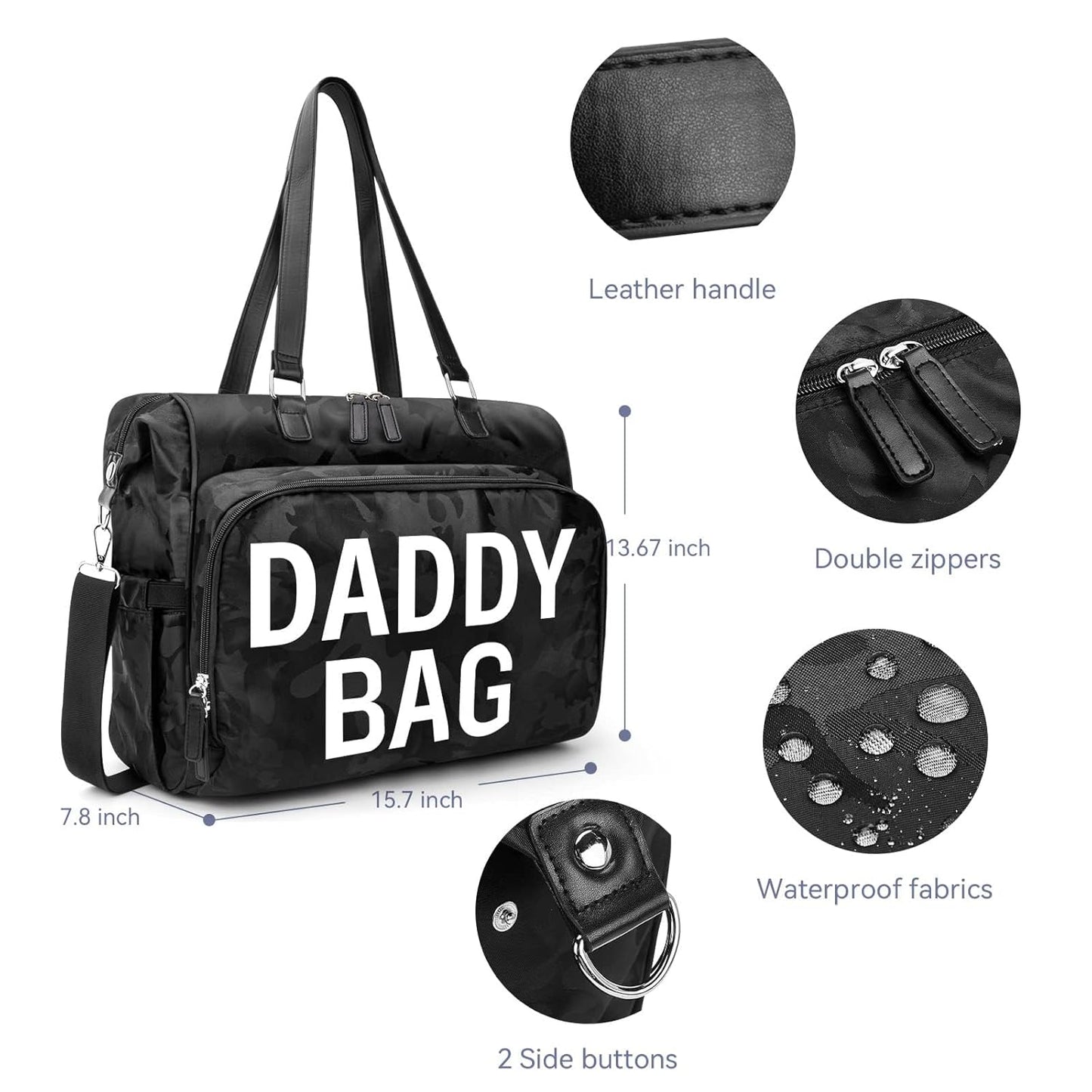 4 in 1 Convertible Daddy Bag Backpack, Camo Black Diaper Backpack for Dad and Mom, Father's Bag for Hospital with DADDY BAG Imprint, Baby Care Diaper Backpack & Tote with 14 Pockets