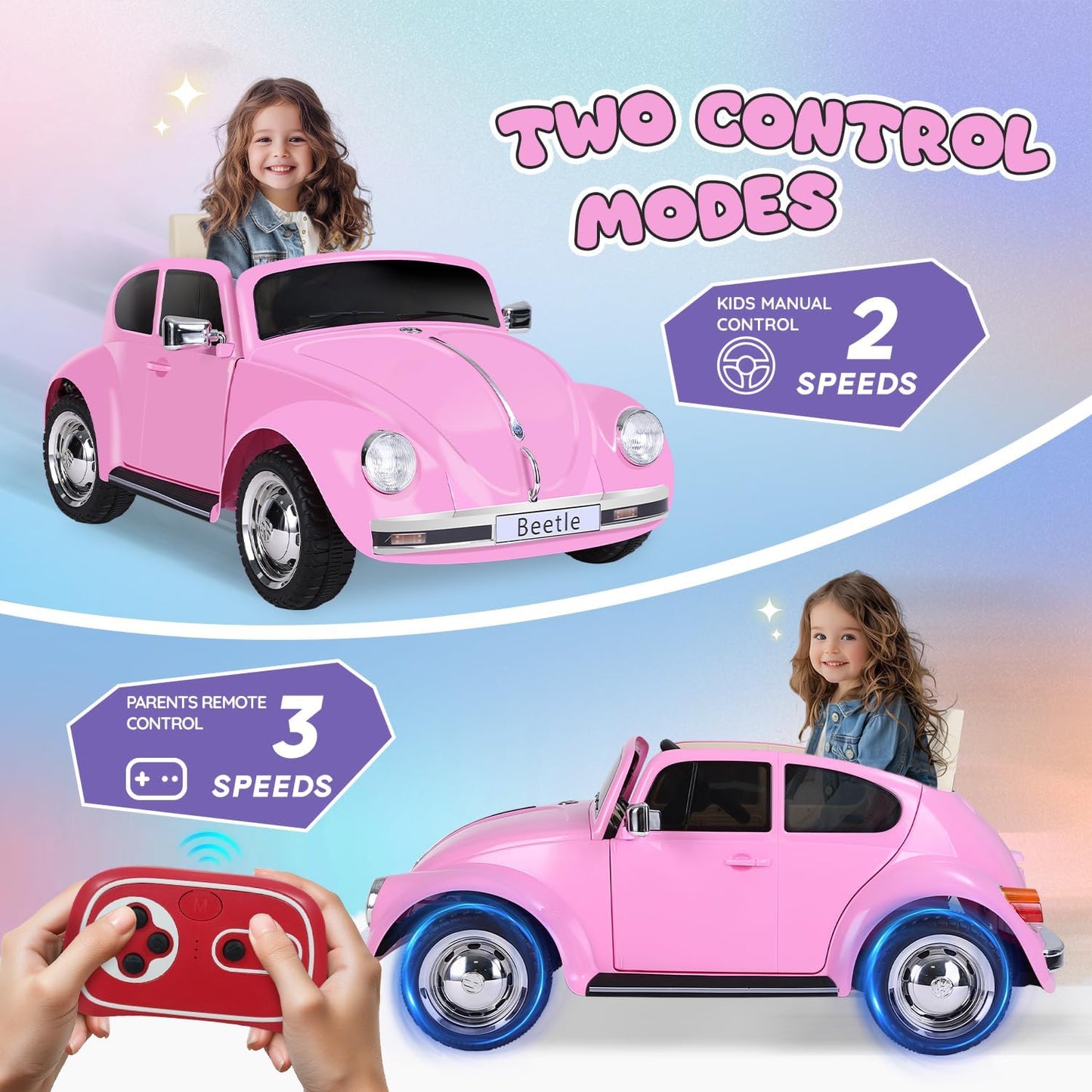 12V Kids Electric Car, Power Wheels with Remote Control, Ride on Car Toys with LED Light, 3 Speeds, Music, Pink