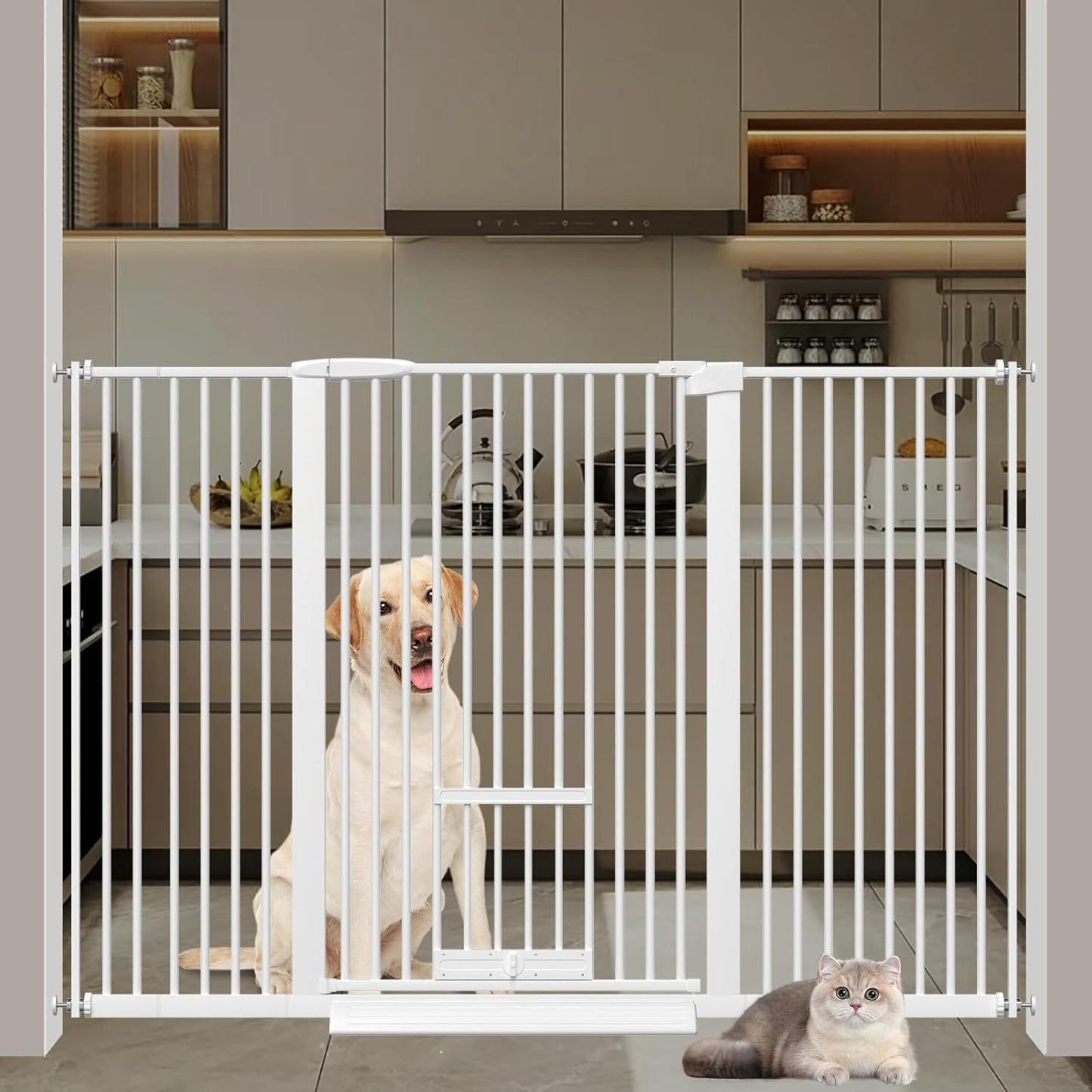 40.55" Tall 1.37" Ultra Narrow Spacing 30.12-61.61" Extra Wide Dogs Pets Baby Gate with Door for Doorway Cat Safety Proof Indoor Puppy Pressure Mounted No Drill White Black Metal Hallway