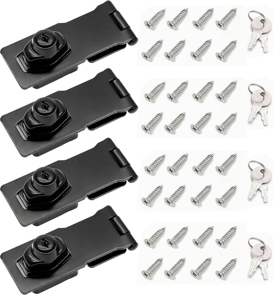 4 Inch Keyed Hasp Lock for Cabinets & Small Doors, Twist Knob Design, Heavy Duty Zinc Alloy with Chrome-Plated Iron, Includes Keys & Screws - Black, 4 Pack