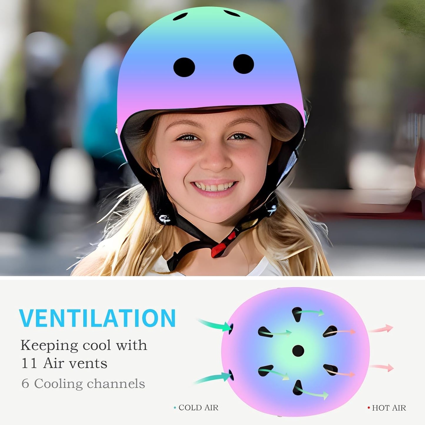 Adjustable Kids Bike Helmet with Knee & Elbow Pads Set, Color Gradient Design for Boys and Girls Aged 3-14+, for Skateboarding, Scooter, Roller & Inline Skating, Longboard