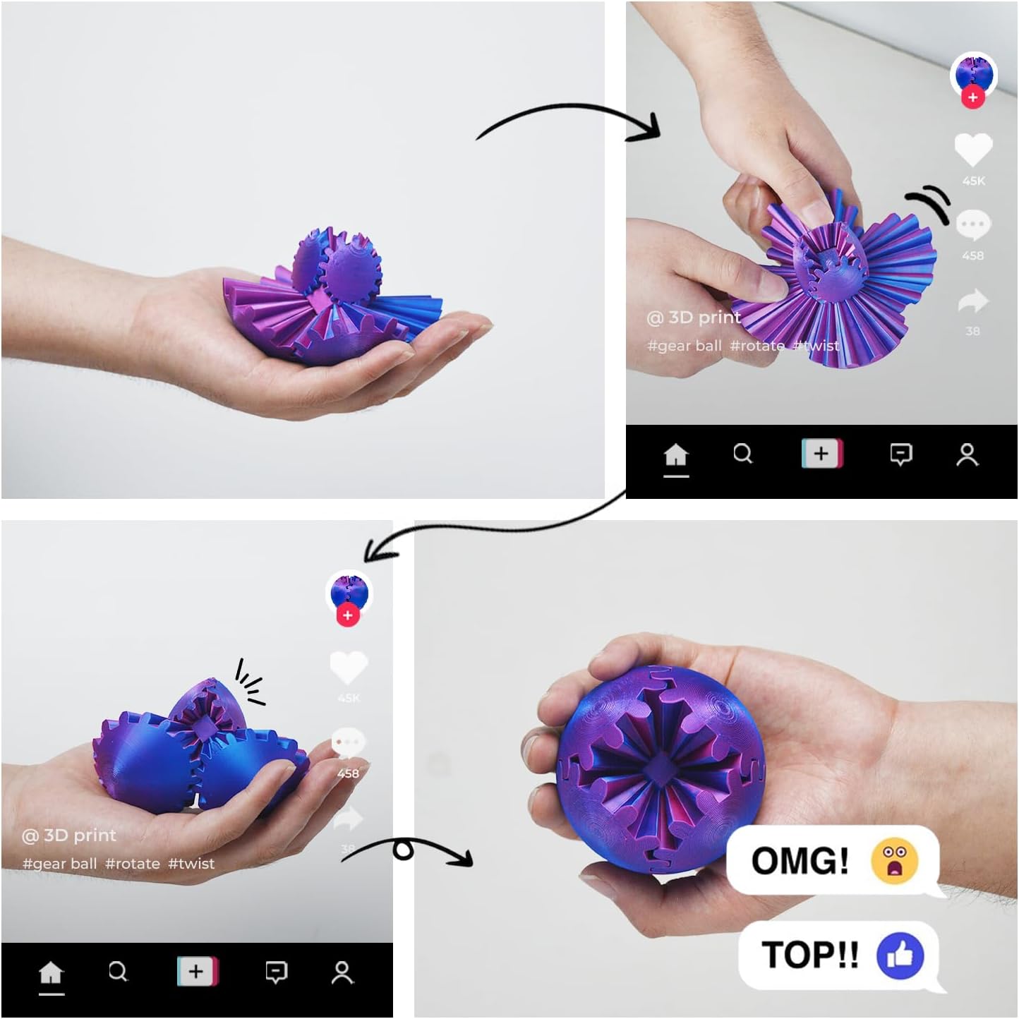 3D Printed Gear Ball ，Gear Ball Spin Ball or Cube Fidget Toy，Gear Sphere Desk Toy,Gift for Stress and Anxiety Relief (purple)