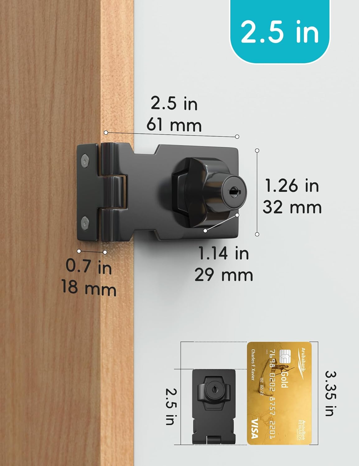 2.5 Inch Keyed Hasp Lock for Cabinets & Small Doors, Twist Knob Design, Heavy Duty Zinc Alloy with Chrome-Plated Iron, Includes Keys & Screws - Black, 2 Pack
