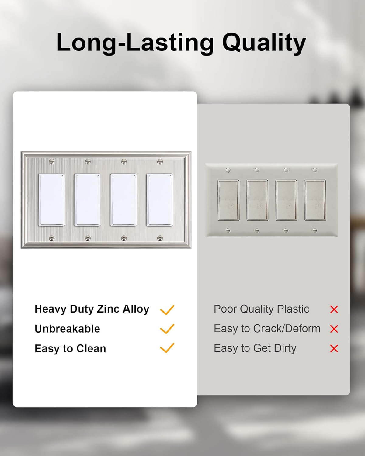 2-Pack Quad Decorator Outlet Cover Plate, Zinc Alloy Brushed Nickel Switch Plates and Outlet Covers, 4 Gang Wall Plates for Electrical Outlets, Receptacle, GFCI Outlet, Dimmer Switch