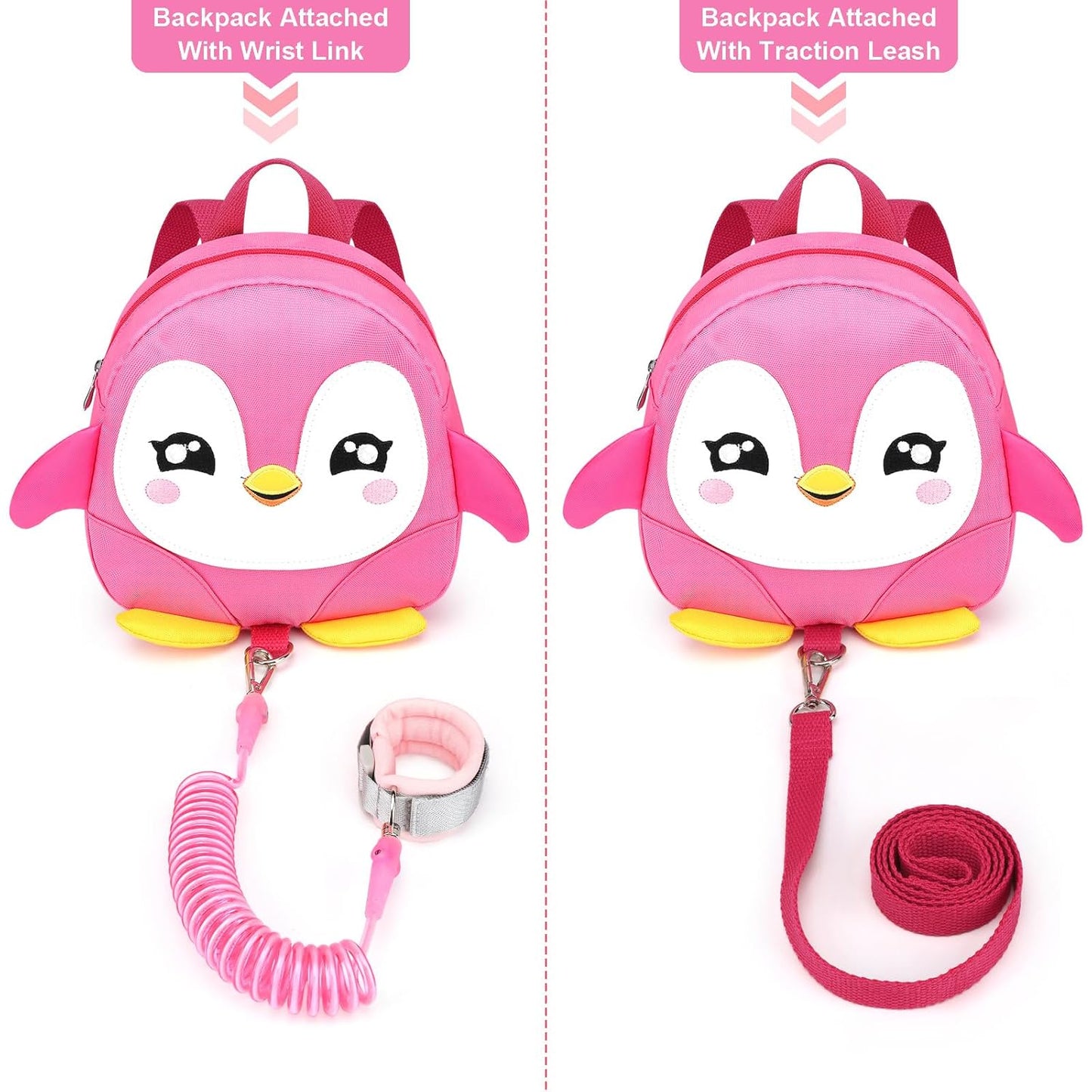 Accmor Toddler Harness Backpack Leash, Cute Penguin Kid Backpacks with Anti Lost Wrist Link, Mini Child Backpack Harness Leashes Walking Wristband Rope Travel Bag Harness Rein for Baby Girls (Pink)