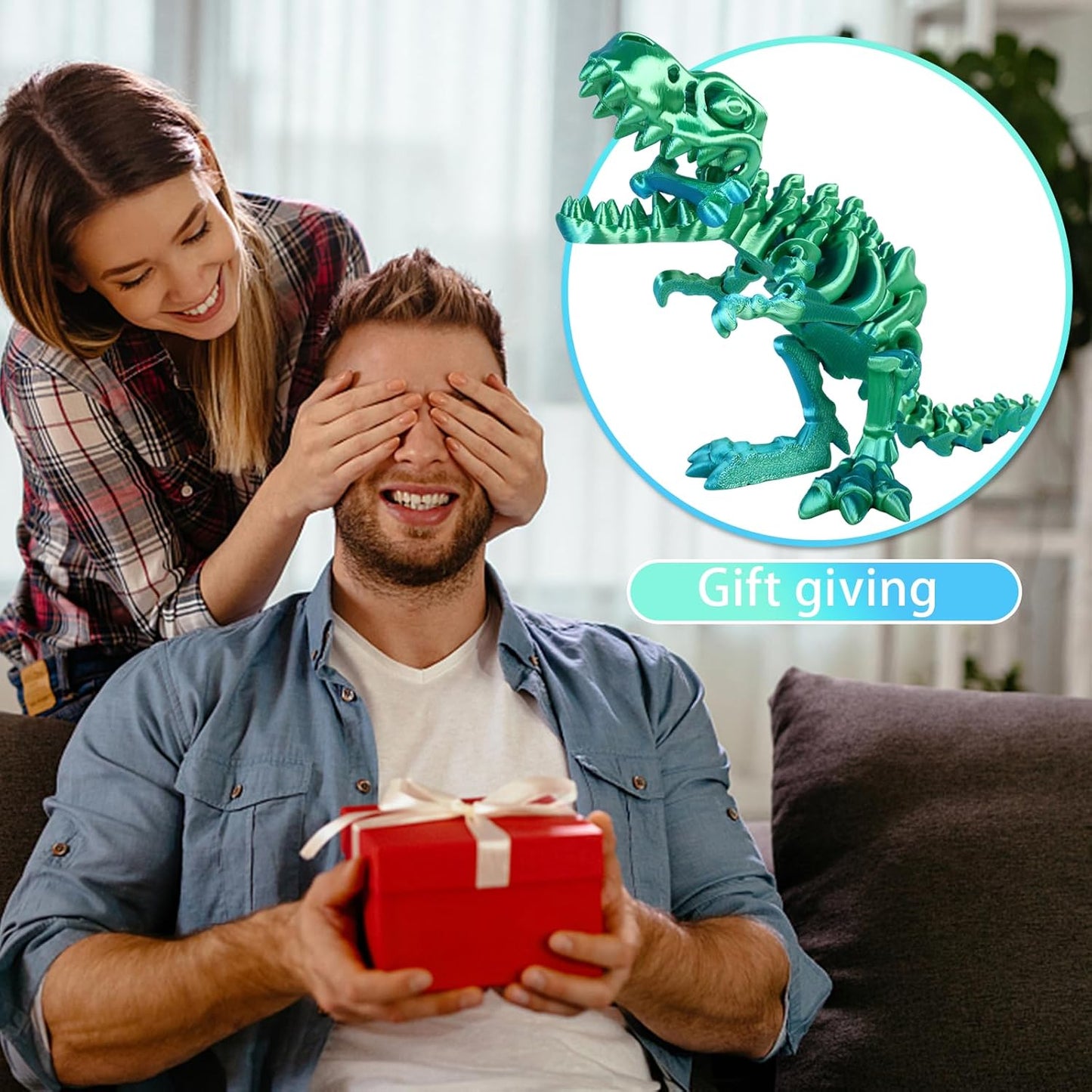 3D Printed Dinosaur Bone Skeleton Tyrannosaurus Rex with Movable Jaw Fidget Dinosaur Toys Full Articulated Dinosaur Executive Desk Toys Home Office Decor, Cyan